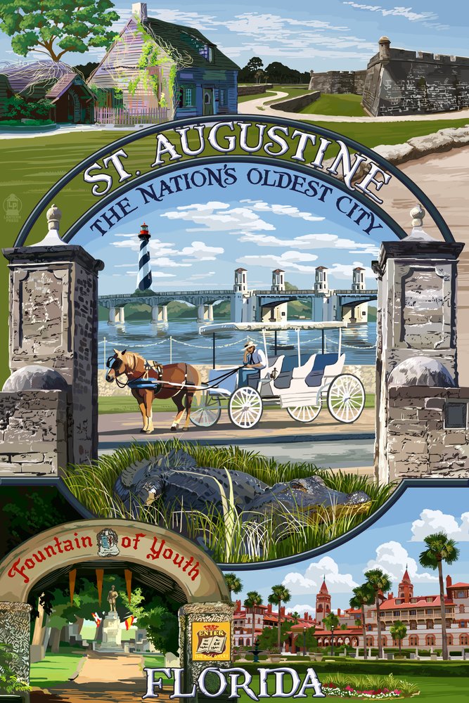 St. Augustine Florida Landscape Art Print - 24x36 Signed Montage Scenes 40611 Wall Decor Poster - Perfect for Living Room, Bedroom or Office Decor