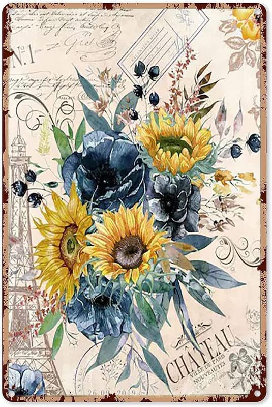 Vintage French Floral Bouquet Tin Sign - Blue & Yellow Wall Decor for Kitchen, Bar, Man Cave, College Apartment, Living Room & Bathroom - 8x6 Inch Retro Metal Sign - Perfect for Home, Office & Cafe Decor