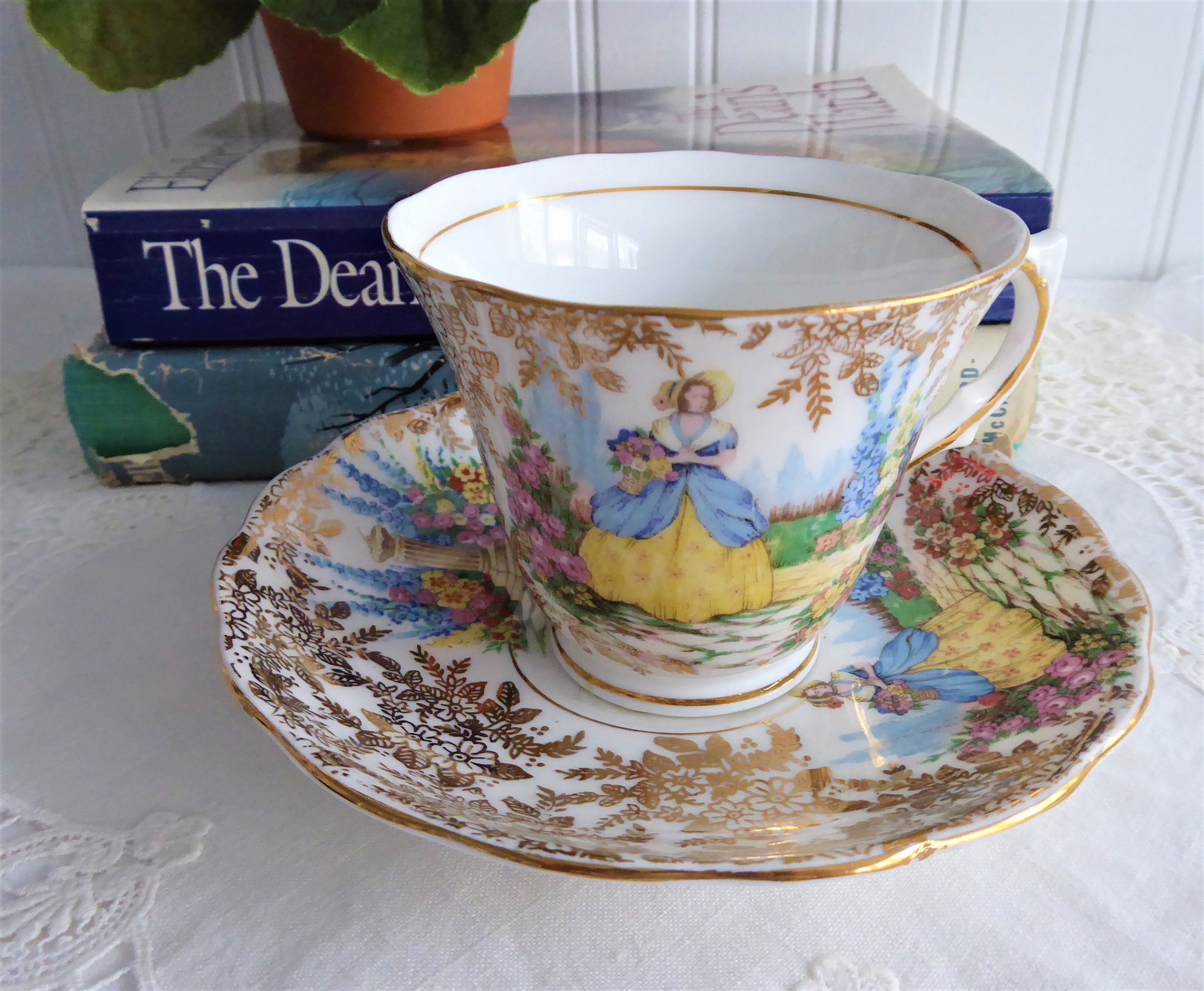 Vintage 1940s Art Deco Crinoline Lady Cup and Saucer Set - Colclough Gold Chintz English Garden Design - Perfect for Afternoon Tea, Collectible Display & Vintage Home Decor