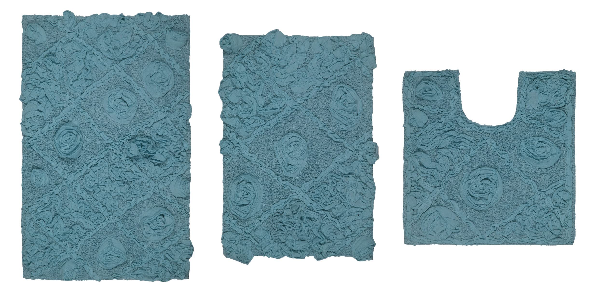 Home Weavers Modesto 100% Cotton Bath Rug Set - Ultra Soft, Absorbent & Washable Non-Slip Bathroom Mats - 3 Piece Contour Set in Blue - Perfect for Bathroom, Kitchen & High-Traffic Areas