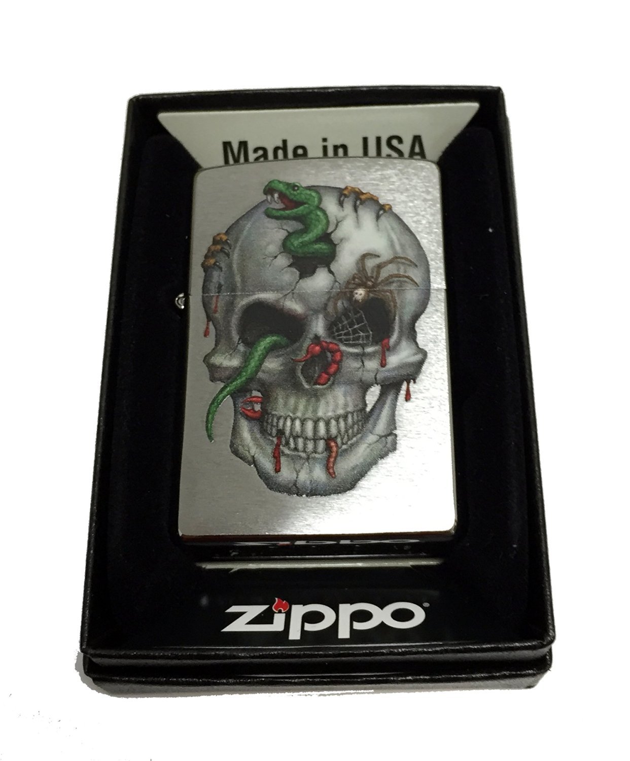 Zippo Custom Lighter with Skull, Snake, Worms & Spider Design - Chrome Brush Finish - Windproof Refillable Metal Lighter for Camping, Hiking & Outdoor Adventures