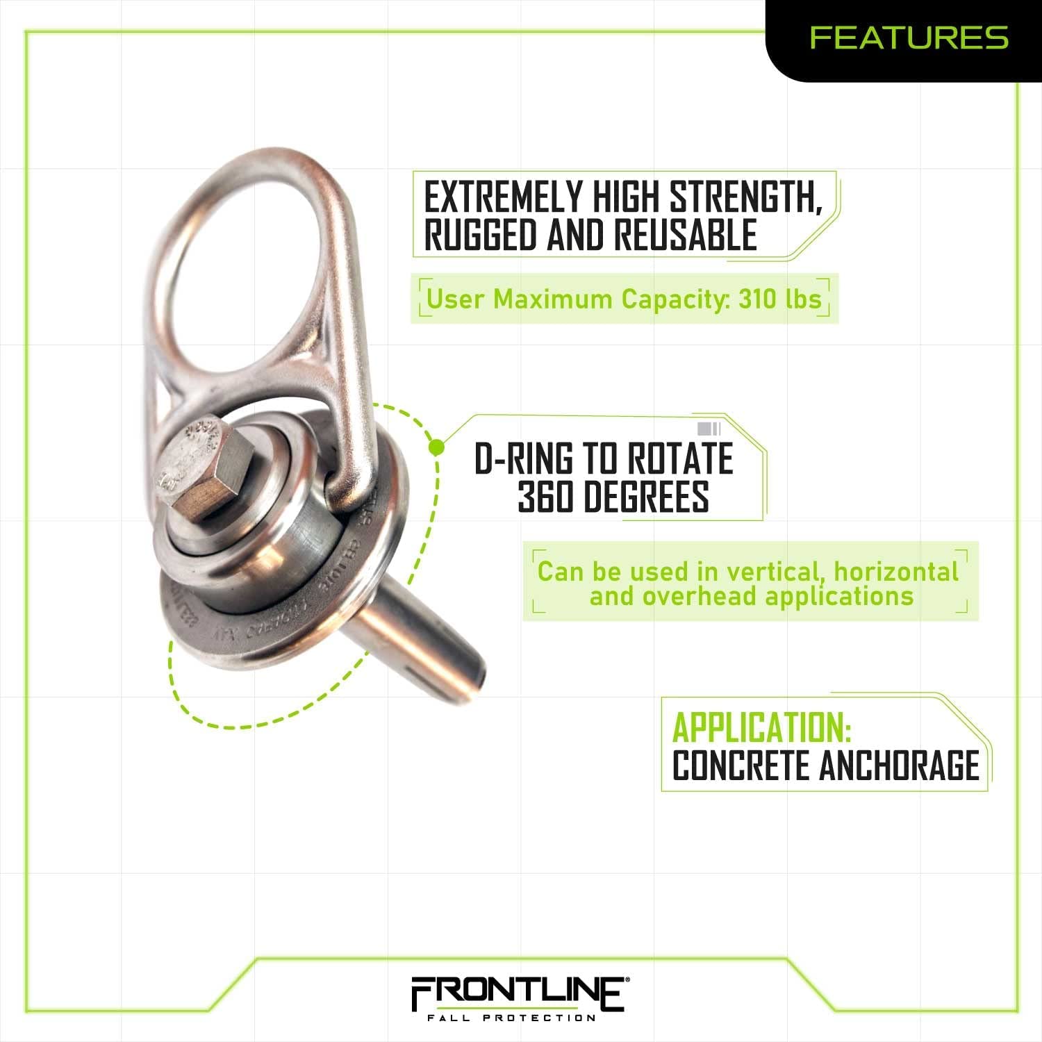 Frontline COM345K-SS MEGA Swivel 360° Stainless Steel 5000 lb Concrete Anchor - Heavy Duty Reusable Construction Anchor with Adjustable D-Ring & Replacement Bolt | OSHA & ANSI Compliant | Perfect for Rigging, Fall Protection, Concrete Work & Industrial Safety Applications