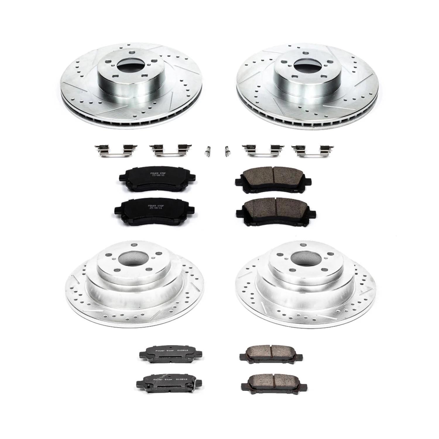 Power Stop K2371 Z23 Carbon Fiber Brake Pads & Drilled Slotted Rotors Kit - Front & Rear for 2002-2003 Subaru Impreza | High-Performance Braking for Street & Track Use