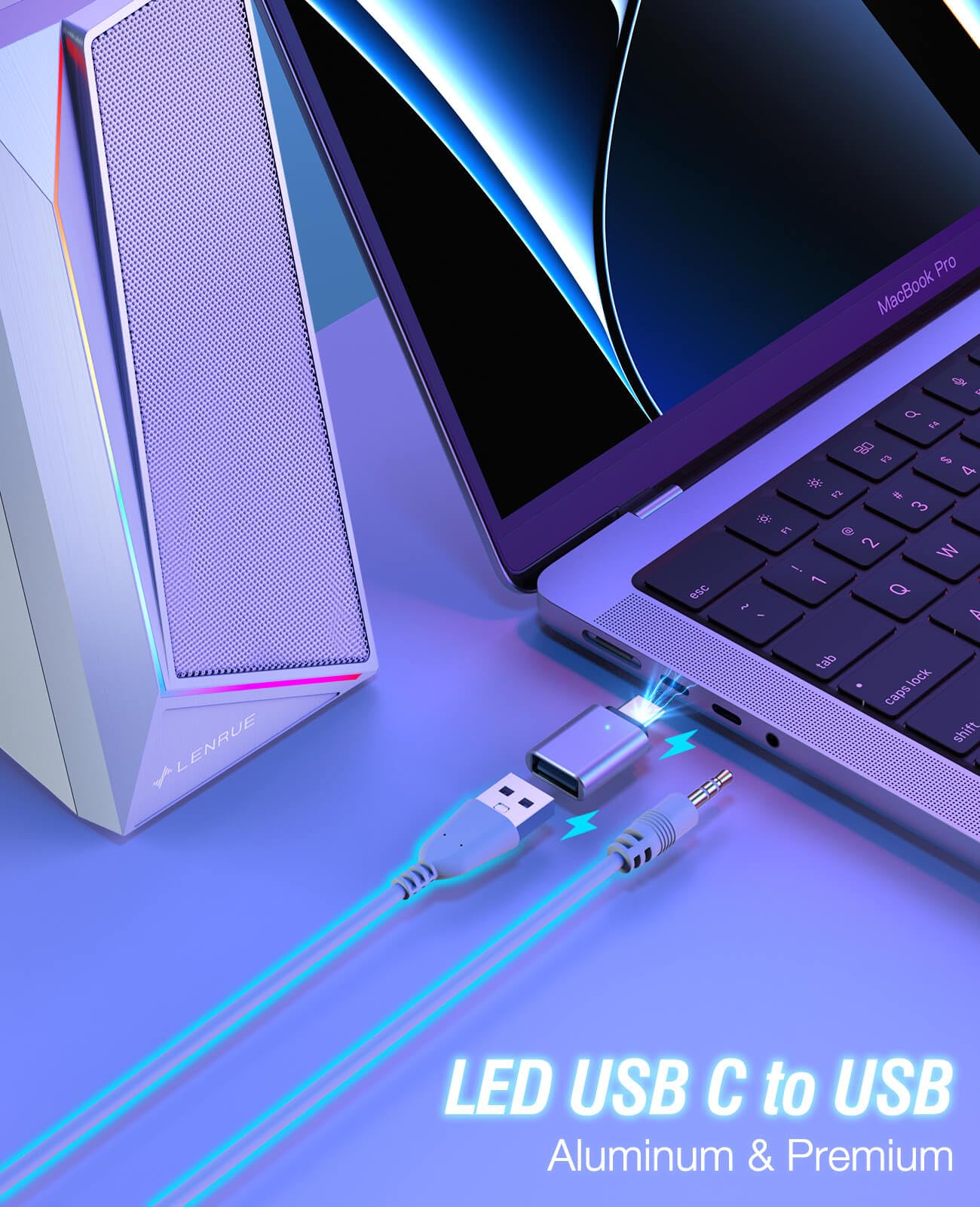 LENRUE USB Computer Speakers with Stereo Sound | USB-C & USB Powered PC Speakers for Desktop, Laptop, Monitor | Includes Headphone Jack & USB-C Adapter | Perfect for Home Office, Gaming & Streaming