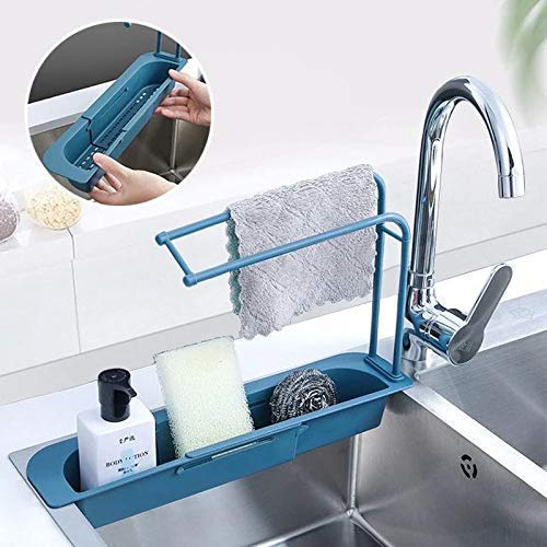 Expandable Plastic Sink Sponge Shelf & Soap Drainer Rack - Telescopic Kitchen Storage Organizer with Towel Bar - Space-Saving Drying Basket for Dishes, Sponges & Brushes - Perfect for Small Kitchens, Bathrooms & RVs