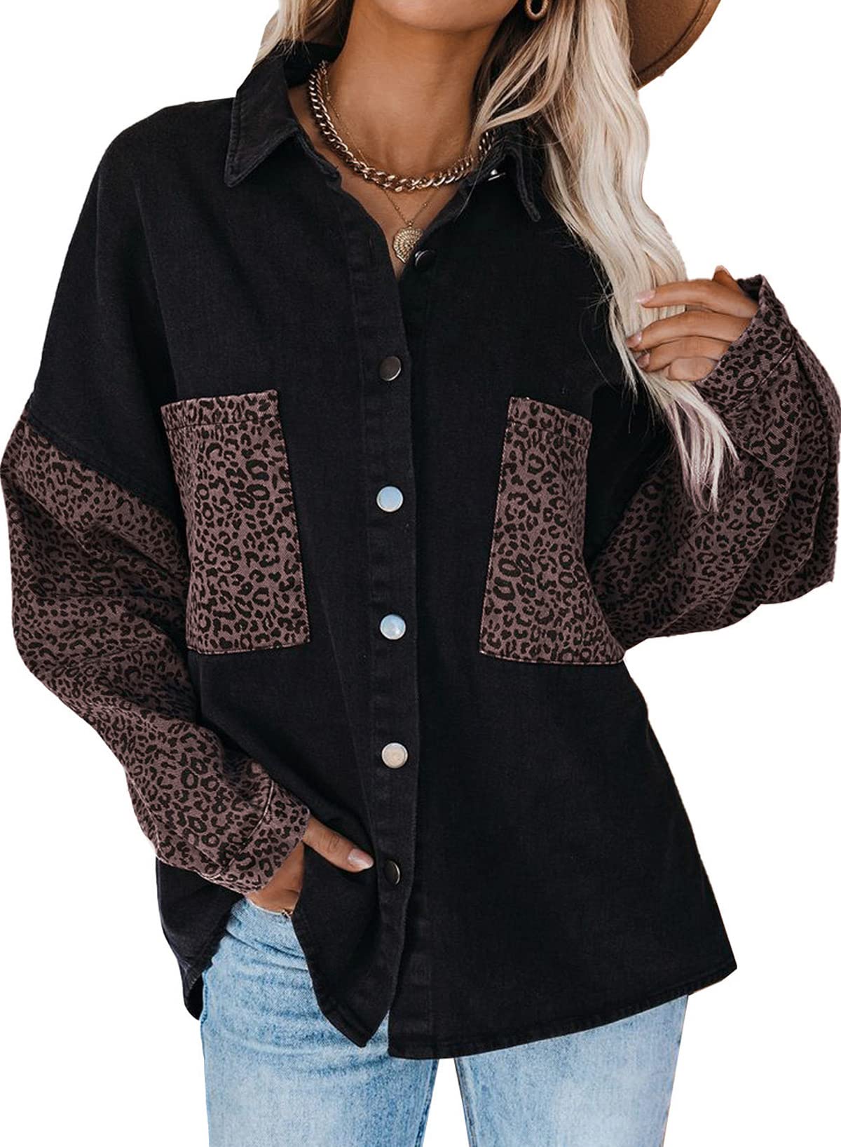 Dokotoo Women's Contrast Leopard Print Denim Jacket - Long Sleeve Button Down Shirt, Boyfriend Oversized Blouse Top for Casual Outfits & Streetwear Fashion
