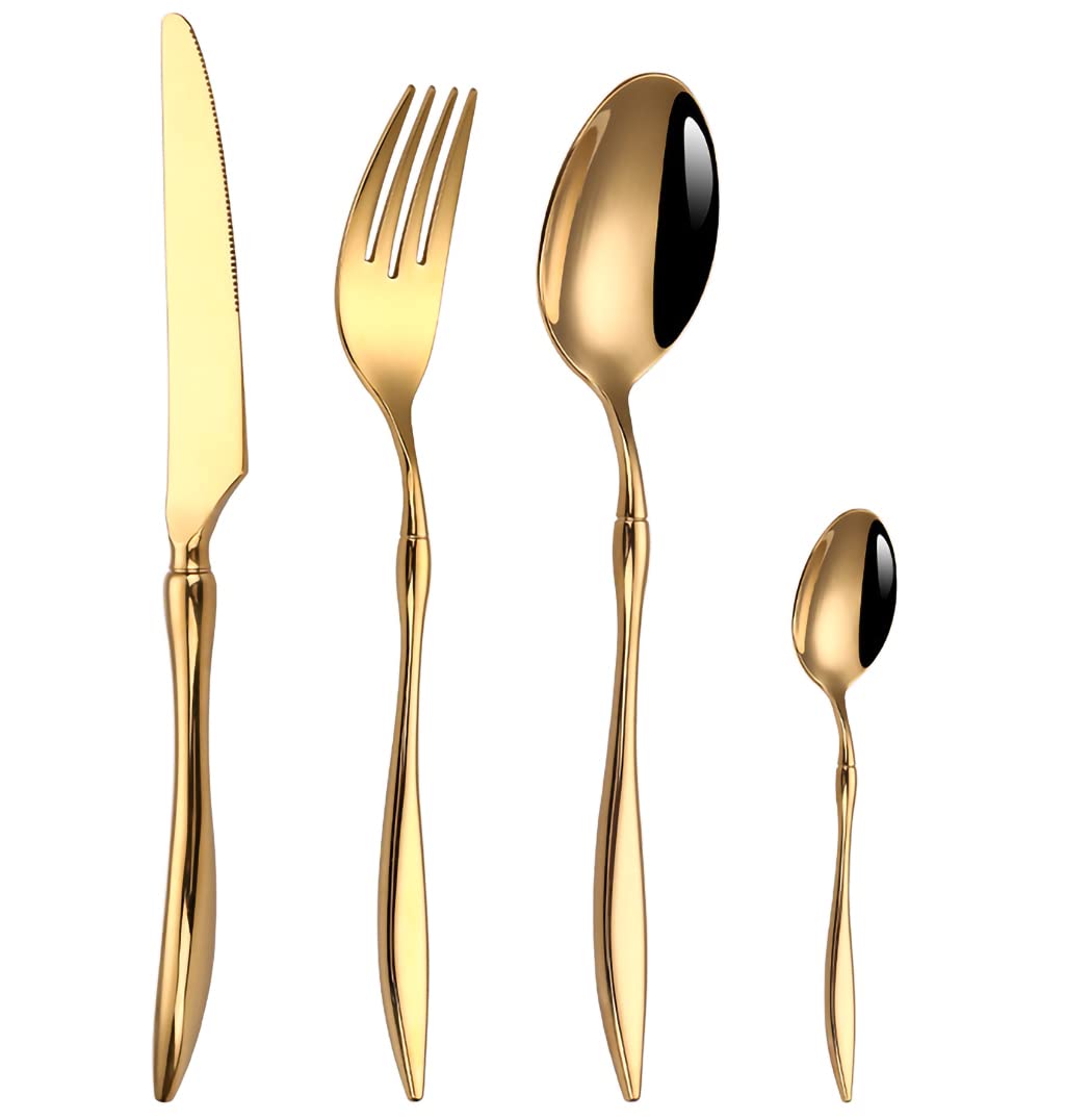 32-Piece Stainless Steel Flatware Set for 8 - Premium Food Grade Mirror Polished Cutlery with Spoons, Forks & Knives - Dishwasher Safe Silverware (Gold) - Perfect for Dinner Parties, Restaurants & Everyday Dining (S1478)
