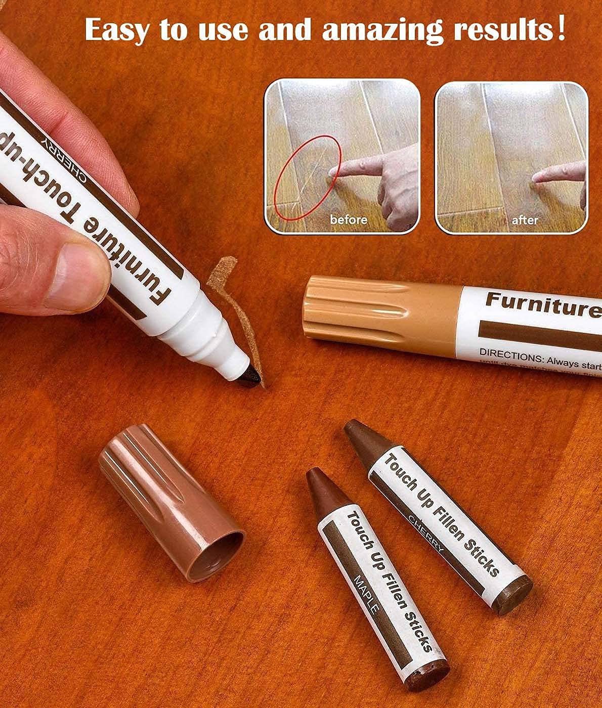 21-Piece Wood Repair Kit - Furniture Markers & Wax Sticks with Sharpener for Scratch Repair on Tables, Desks, Floors | DIY Home Improvement & Touch-Up Solution