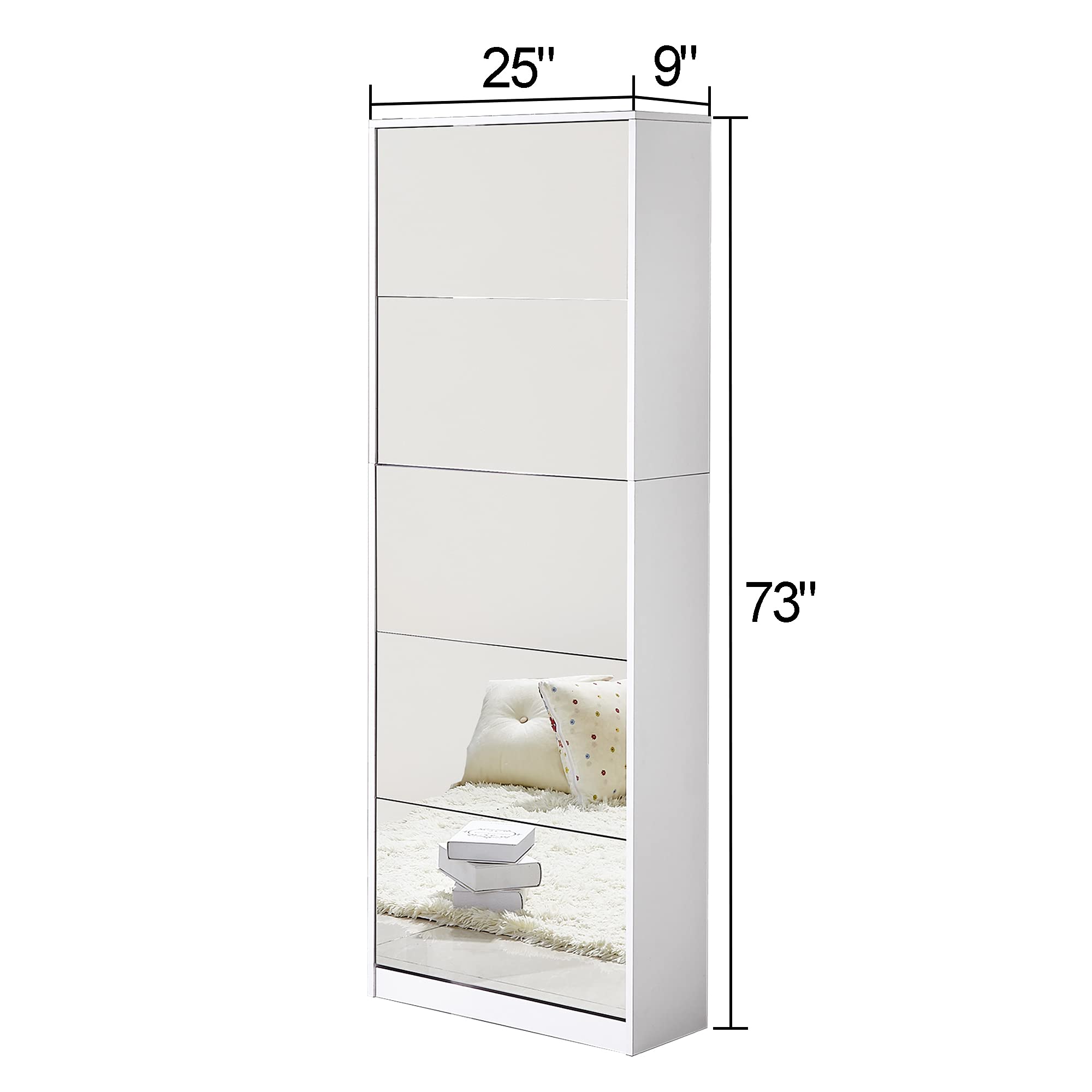 GLS Floor Standing Full Length Mirror Shoe Cabinet - 5 Tier Closet Shoe Organizer for Living Room, Bedroom & Entryway - White - Space Saving Storage Solution for Shoes, Hats & Accessories
