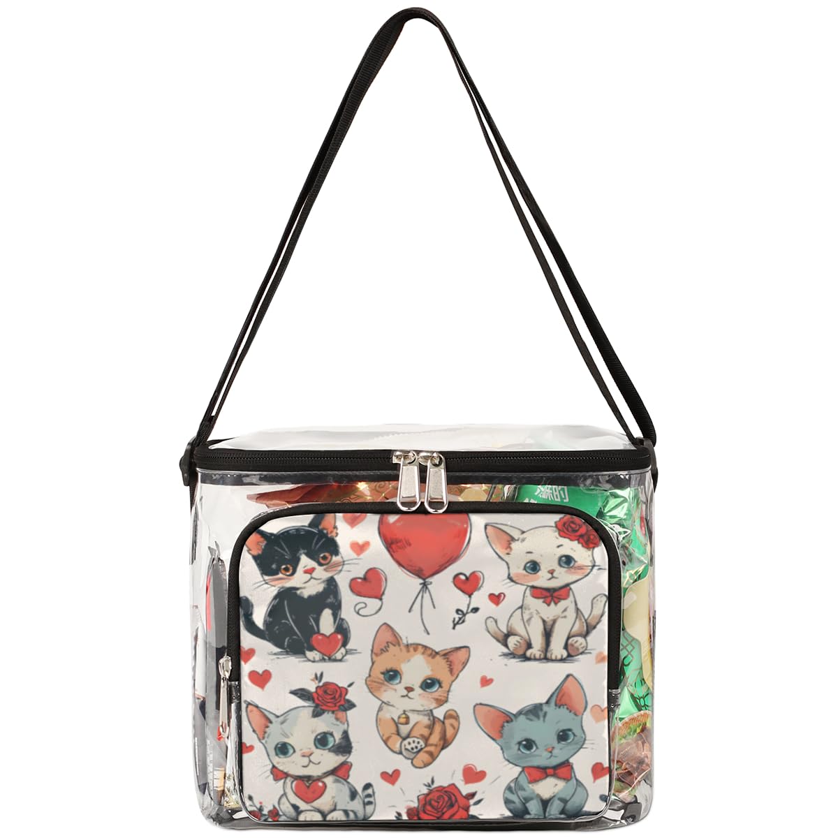 GzLeyigou Clear Transparent Tote Bag with Handles - Cute Cat & Rose Design Crossbody Shoulder Bag for Women | Perfect for Valentine's Day, Lunch, Outdoor Travel, Picnic, Concerts & Sports Events | Stadium Approved Multipurpose Purse