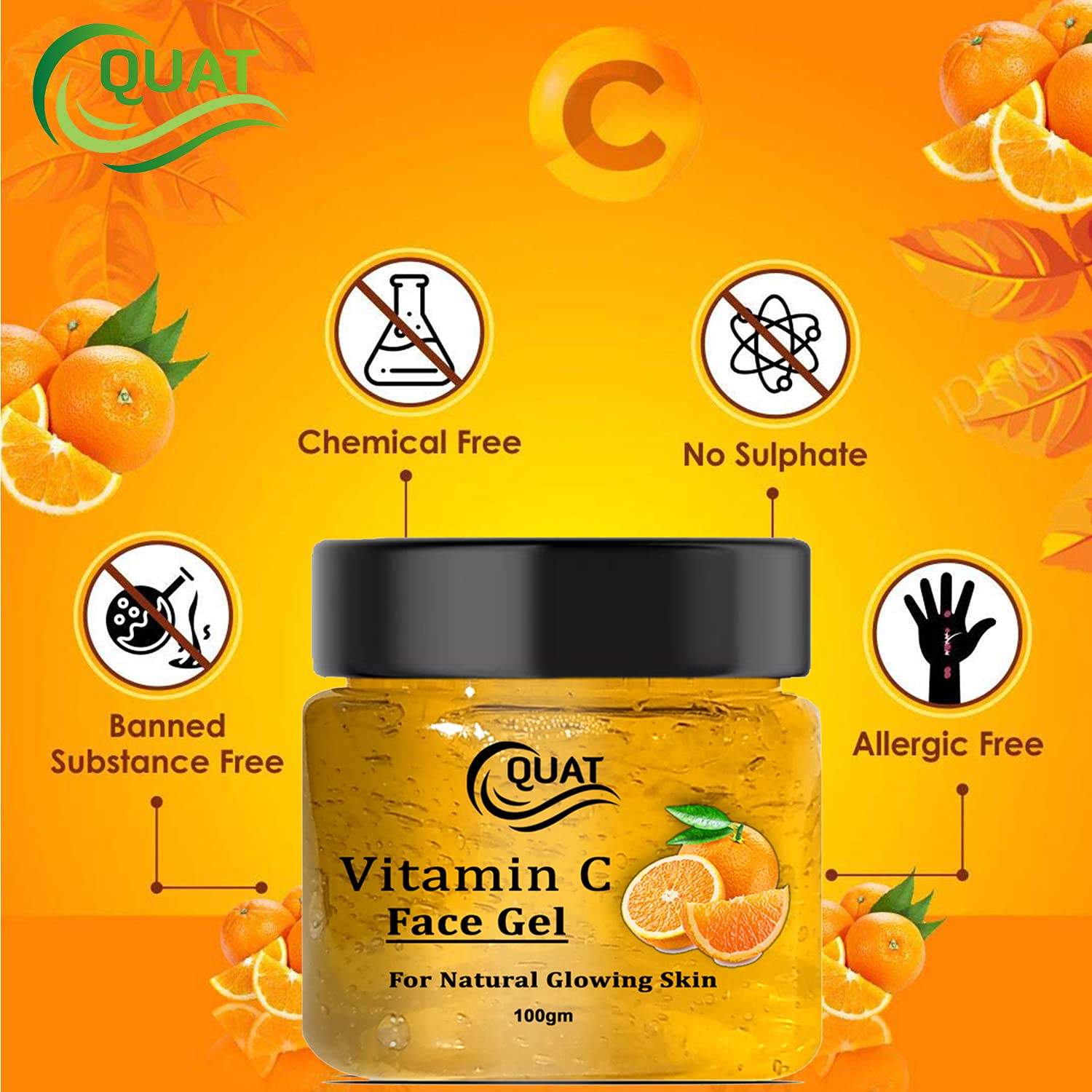 Quat Vitamin C Face Gel for Natural Glowing Skin - Brightening & Hydrating Facial Moisturizer for Women & Men (100g) | Daily Skincare Routine, Anti-Aging & Dark Spot Treatment