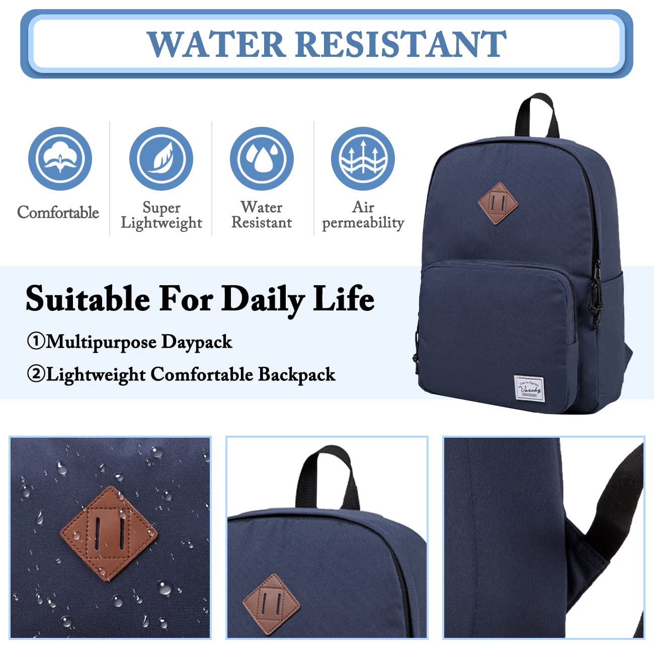 VASCHY Ultra Lightweight School Backpack for Men, Women, Teens & Kids - Durable Bookbag for College, Travel & Everyday Use - Navy Blue