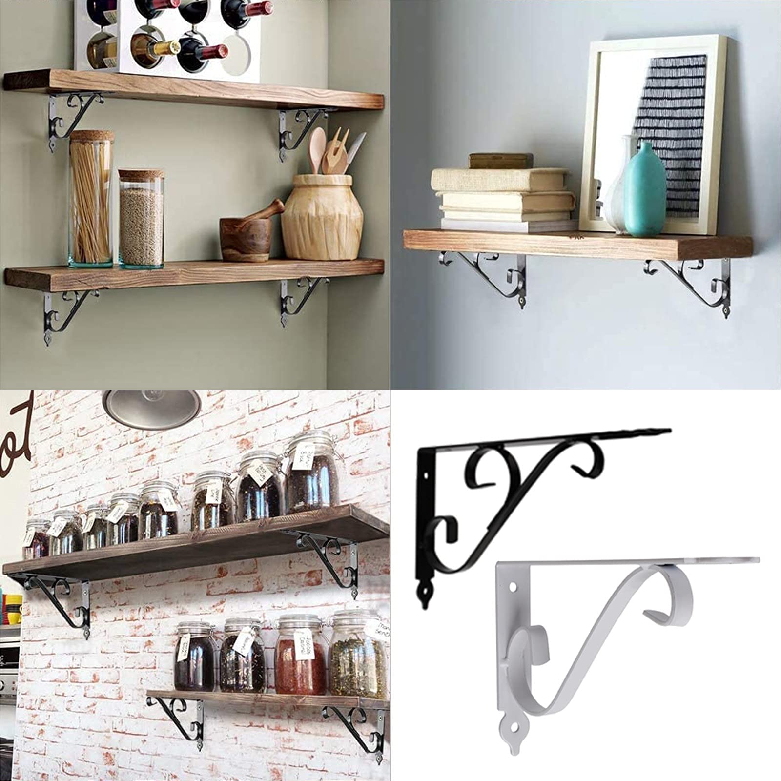 LIGUOYI 4 Pack Floating Shelf Brackets - Heavy Duty Metal Wall Shelf Supports 6/10/16/20 Inch - Black & White - for Home Decor, DIY Storage, Garden & Balcony Organization - Perfect for Displaying Books, Plants & Decorative Items