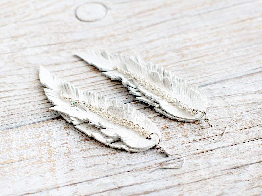 White Leather Feather Dangle Earrings for Women - Layered Tribal Boho Long Earrings | Perfect for Festivals, Parties & Boho Fashion