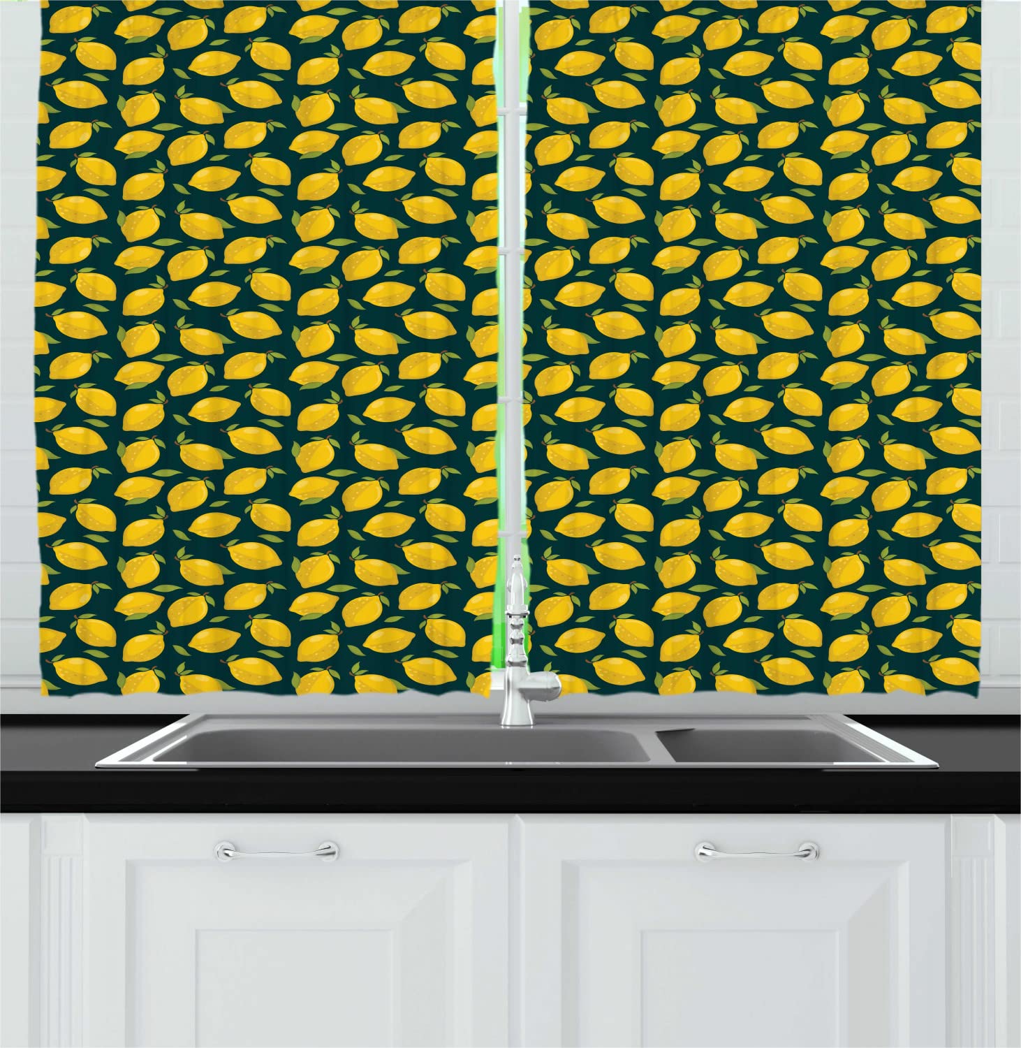 Ambesonne Lemons Kitchen Curtains - Citrus Cartoon Print with Leaves on Dark Background, 2 Panels Rod Pocket Drapes, 55