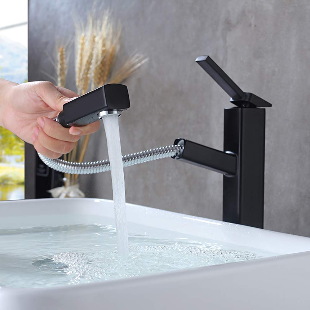 KAIYING Black Pull Down Vessel Sink Faucet - Single Hole Bathroom Lavatory Faucet with Rotating Spout & Pull Out Sprayer - Tall Single Handle Mixer Tap for Modern Vanity & Utility Sink (Perfect for Bathroom Remodel & Powder Room Upgrade)