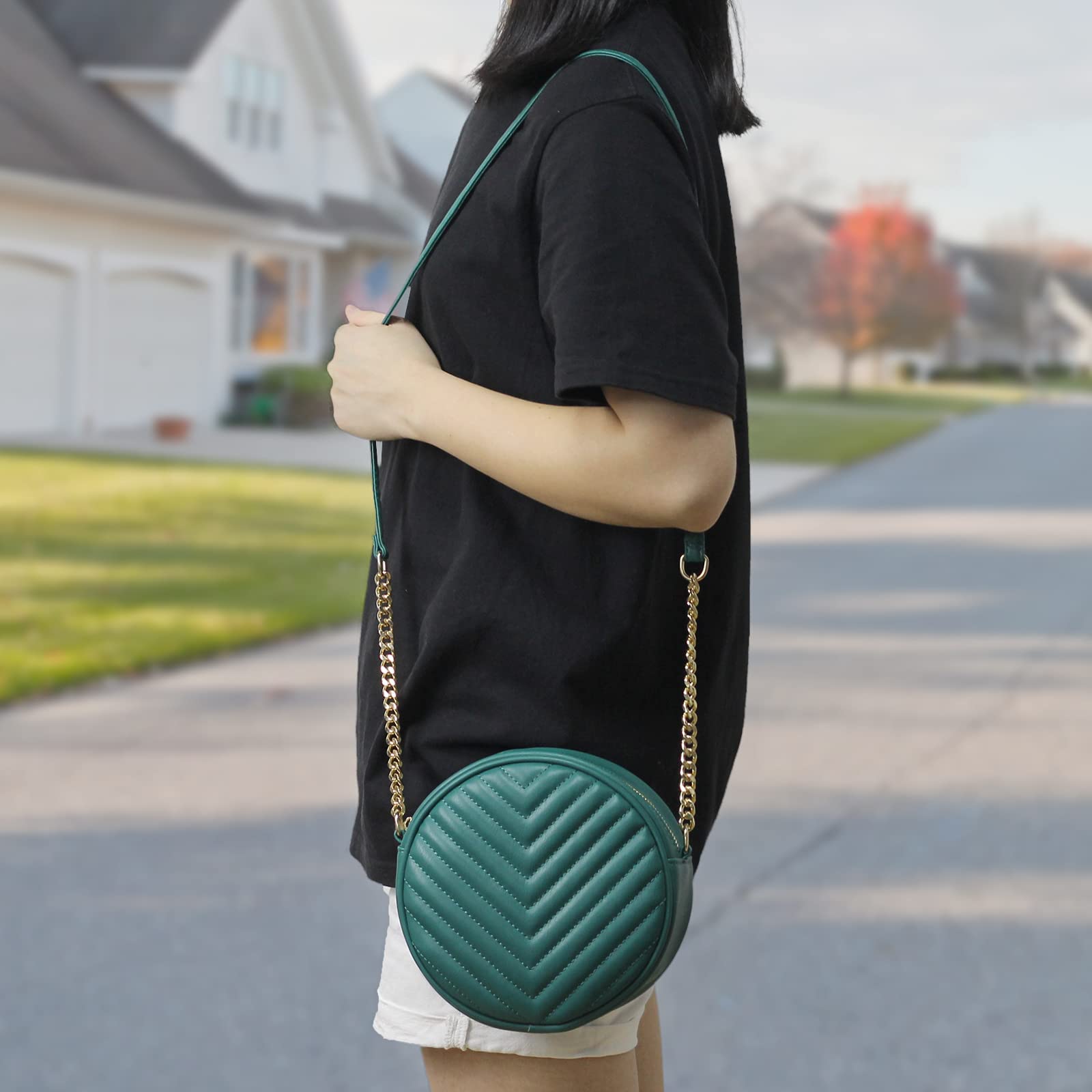 Stylish Round Crossbody Bag for Women - PU Leather Shoulder Purse with Adjustable Metal Chain Strap, Zippered Phone Wallet - Perfect for Daily Use, Shopping & Night Out