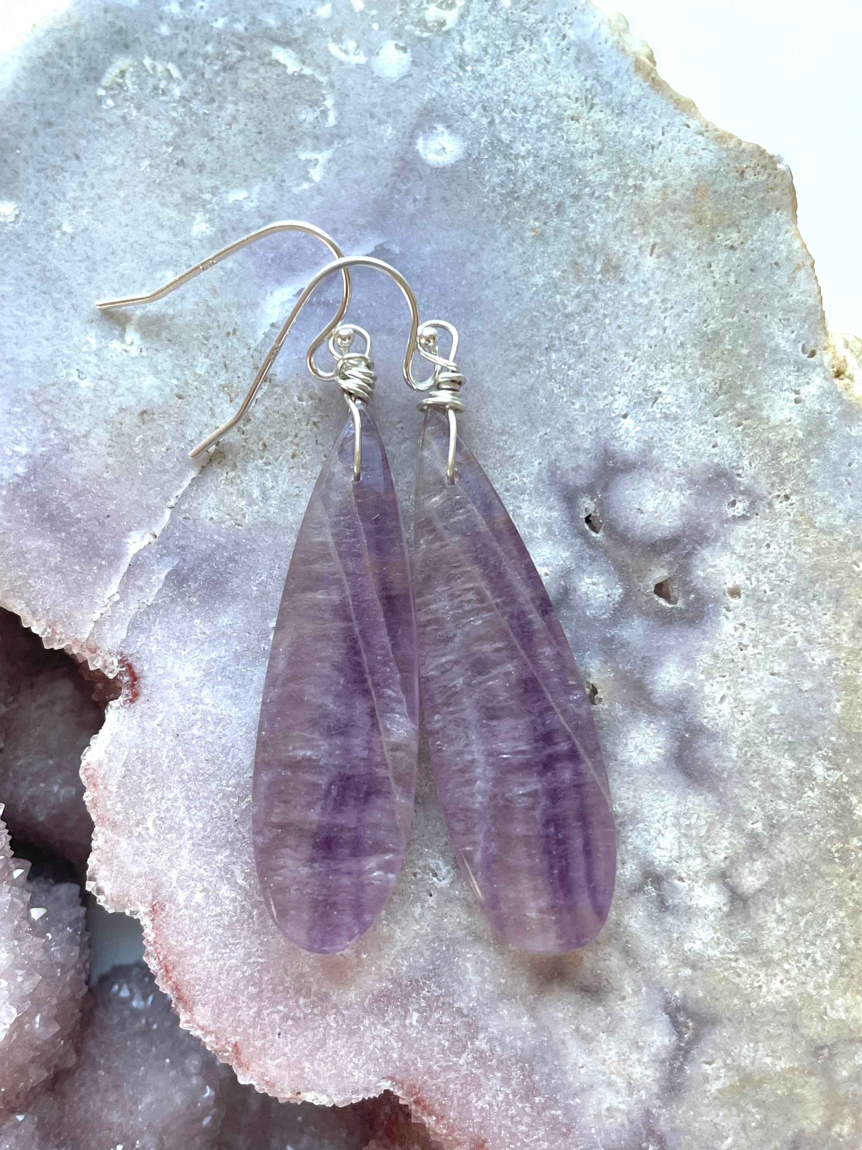 Natural Purple Fluorite Earrings for Women - 925 Sterling Silver Dangle Earrings - Healing Crystal Jewelry for Meditation & Energy Balance