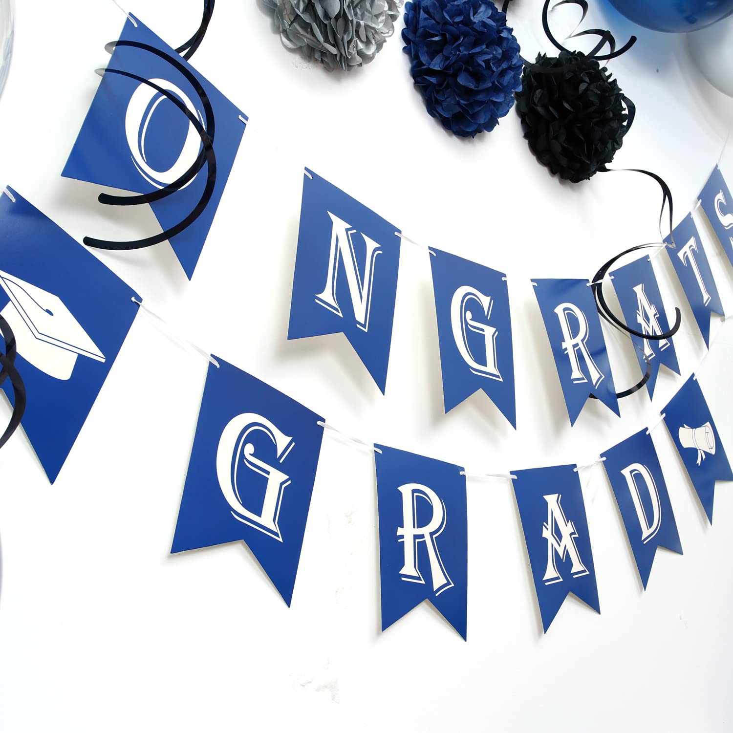 Blue and Silver Graduation Decorations Set - Congrats Grad Banner, Paper Pompoms, Hanging Swirls, Latex Confetti & Balloon Garland Arch for 2022 Graduation Party | Perfect for Graduation Ceremony Decor, Photo Backdrops & School Celebration Events
