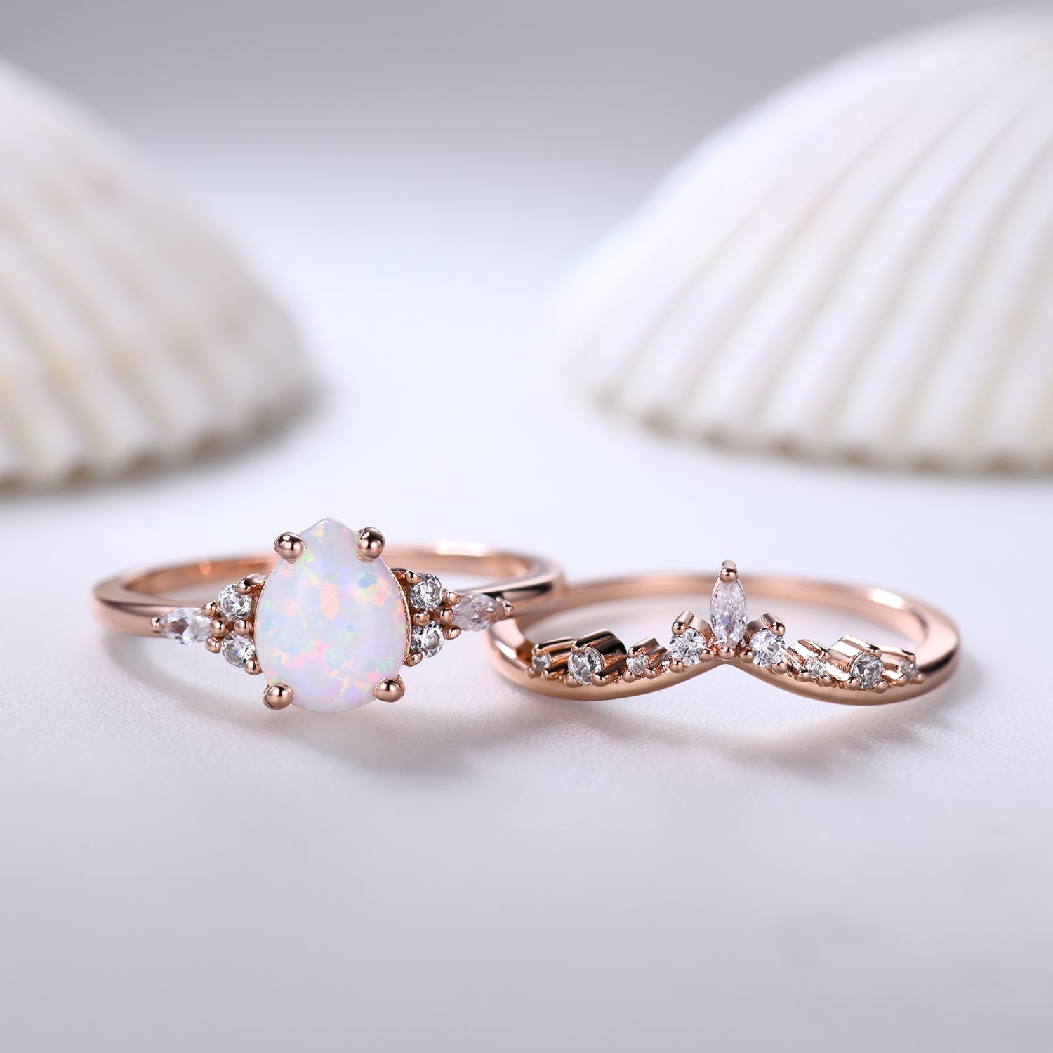 Pear Shaped Opal Bridal Ring Set with Moissanite Wedding Band - Chevron Crown Design for Engagement, Wedding & Anniversary Jewelry Gift