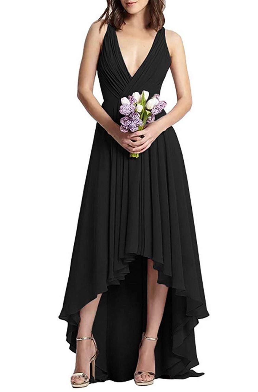 JAEDEN Elegant V-Neck High-Low Chiffon Bridesmaid Dress for Wedding Guest & Prom | Perfect for Formal Events, Parties & Special Occasions