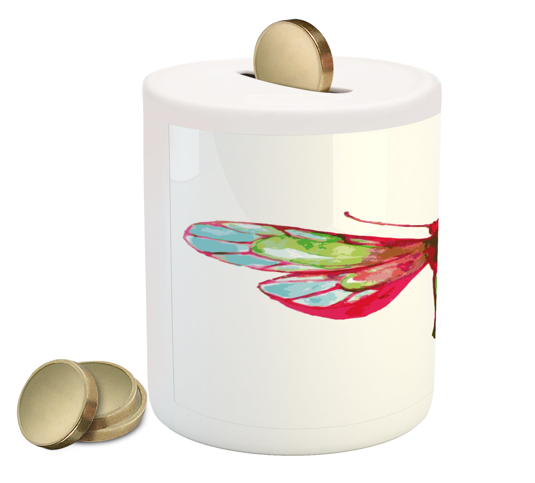 Ambesonne Dragonfly Ceramic Piggy Bank - Vivid Spring Watercolor Design in Hot Pink, Green & Blue - Money Saving Coin Bank for Cash & Coins | Perfect for Kids' Savings, Home Decor & Unique Gifts