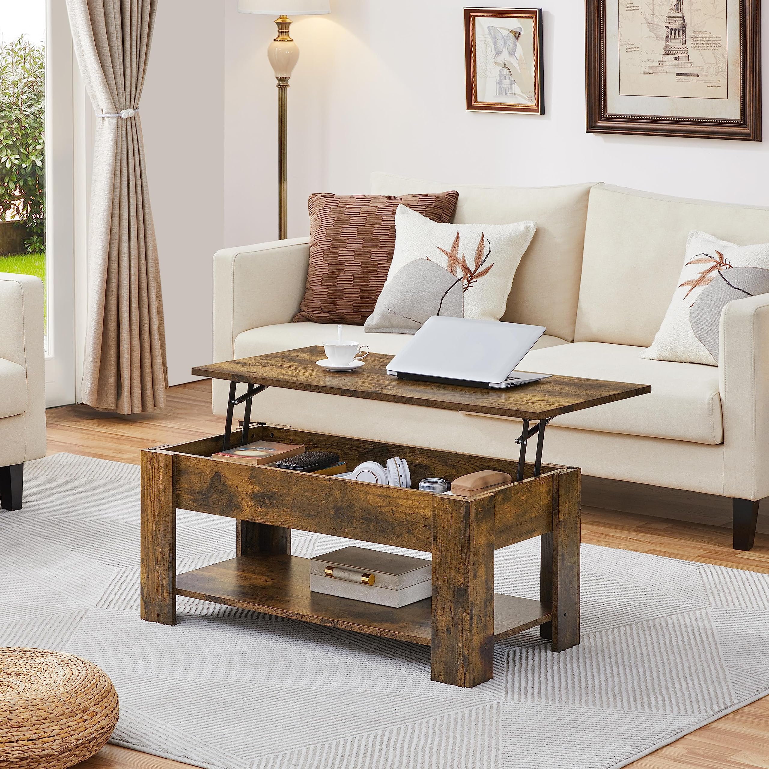 Yaheetech Lift Top Coffee Table with Storage, Rustic Brown - Living Room & Office Use
