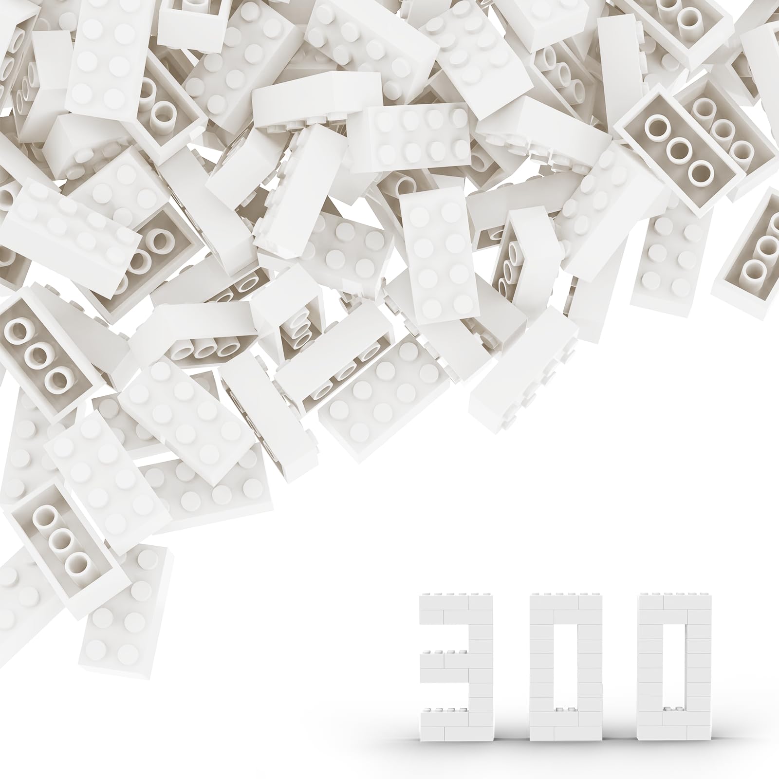 300-Piece Classic White 2x4 Bulk Brick Blocks - Compatible with Lego 3001 & Major Building Brands | Creative Construction Toy for Kids, DIY Projects & STEM Learning