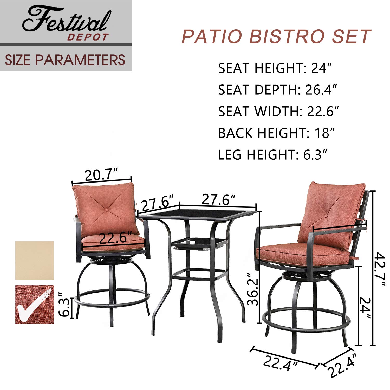 360° Swivel Patio Dining Set with Cushions - 3-Piece All-Weather Metal Outdoor Furniture (Bar Height Stools & Bistro Table) for Garden, Deck, Poolside - Perfect for Backyard BBQs, Outdoor Entertaining & Relaxing (Red)