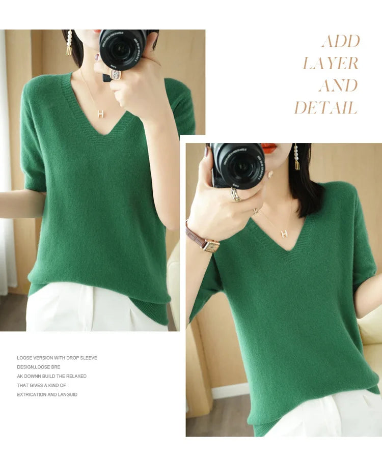Solid Color V-Neck Half-Sleeve Cashmere Sweater for Women - Soft Thin Knit Casual Top for Office Wear & Fall Layering