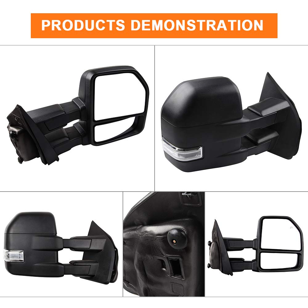 ROADFAR Power Heated Towing Mirrors for Ford F150 2015-2019 - Black Housing with Turn Signal & Puddle Light | Left & Right Side Mirrors with Conversion Plug | Perfect for Towing, Camping & Off-Road Adventures