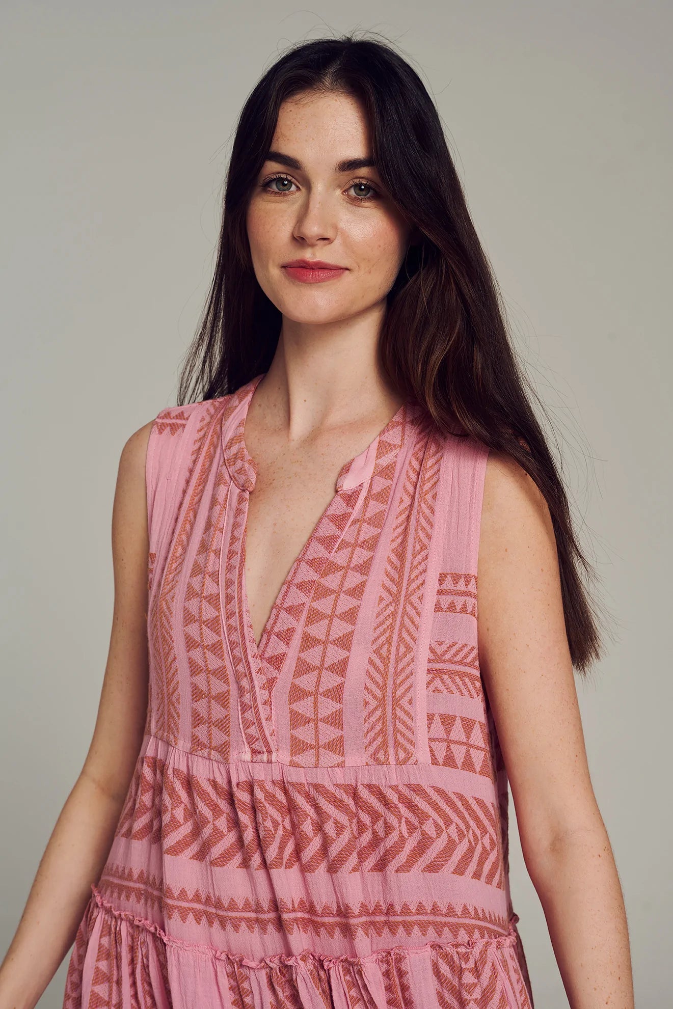 Ella Sleeveless Midi Dress in Camel & Purple/Pink - Perfect for Summer Weddings, Beach Vacations & Casual Outings