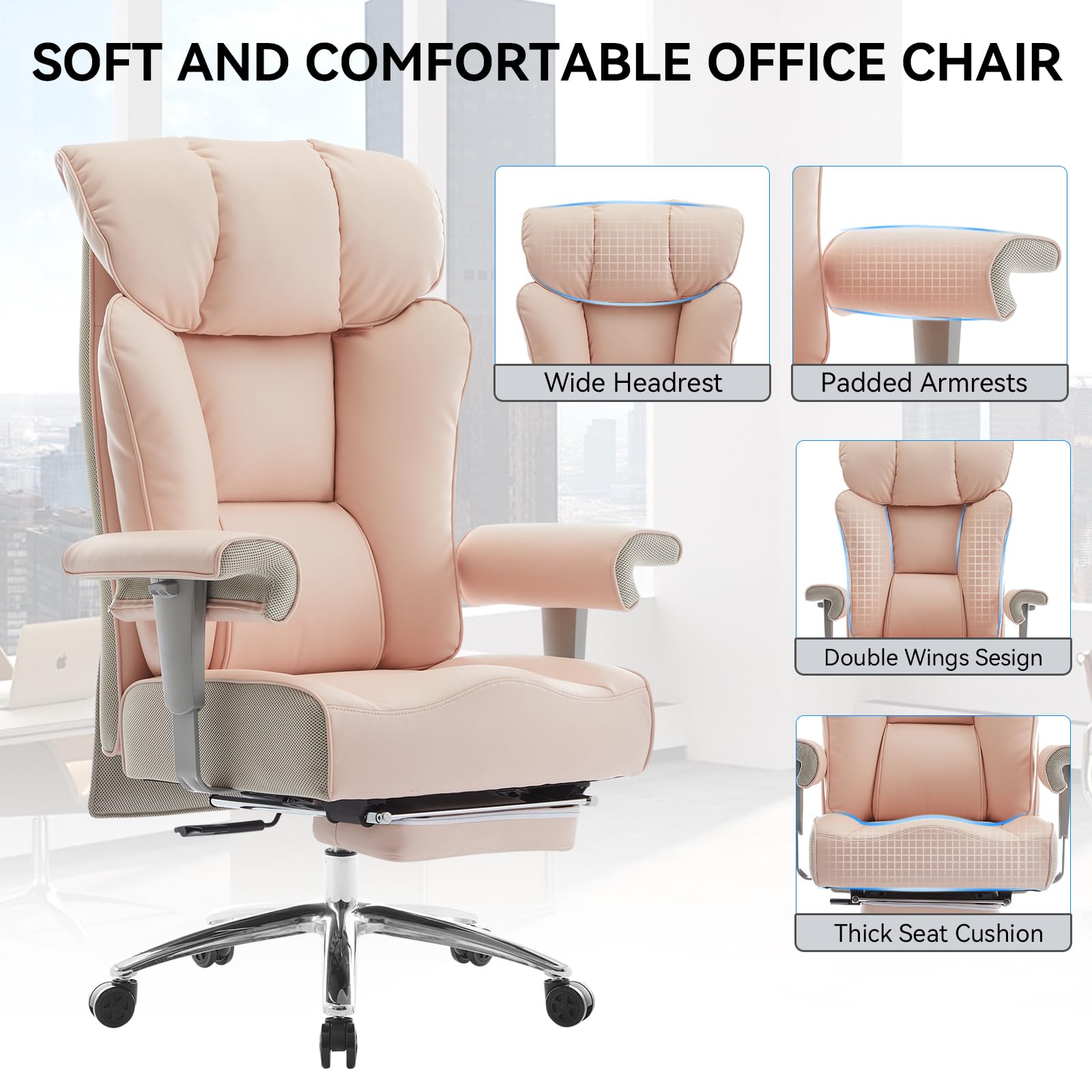 Efomao Big and Tall Office Chair 450lbs - Heavy Duty Ergonomic Executive Computer Chair with Footrest & High Back - Premium PU Leather Pink Office Chair for Home & Office Workspaces