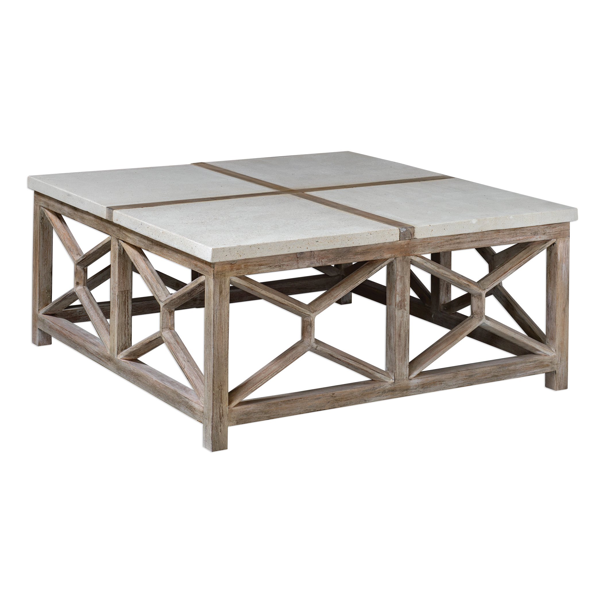MY SWANKY HOME Light Weathered Wood Coffee Table with Stone Top - Natural Minimalist Square Design for Living Room, Lounge & Modern Home Decor