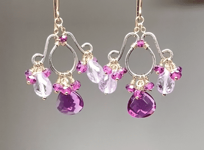 Mixed Metal Chandelier Earrings - Garnet, Pink Amethyst & Violet Quartz Dangle Earrings for Women | Elegant Evening Party Jewelry & Wedding Accessories