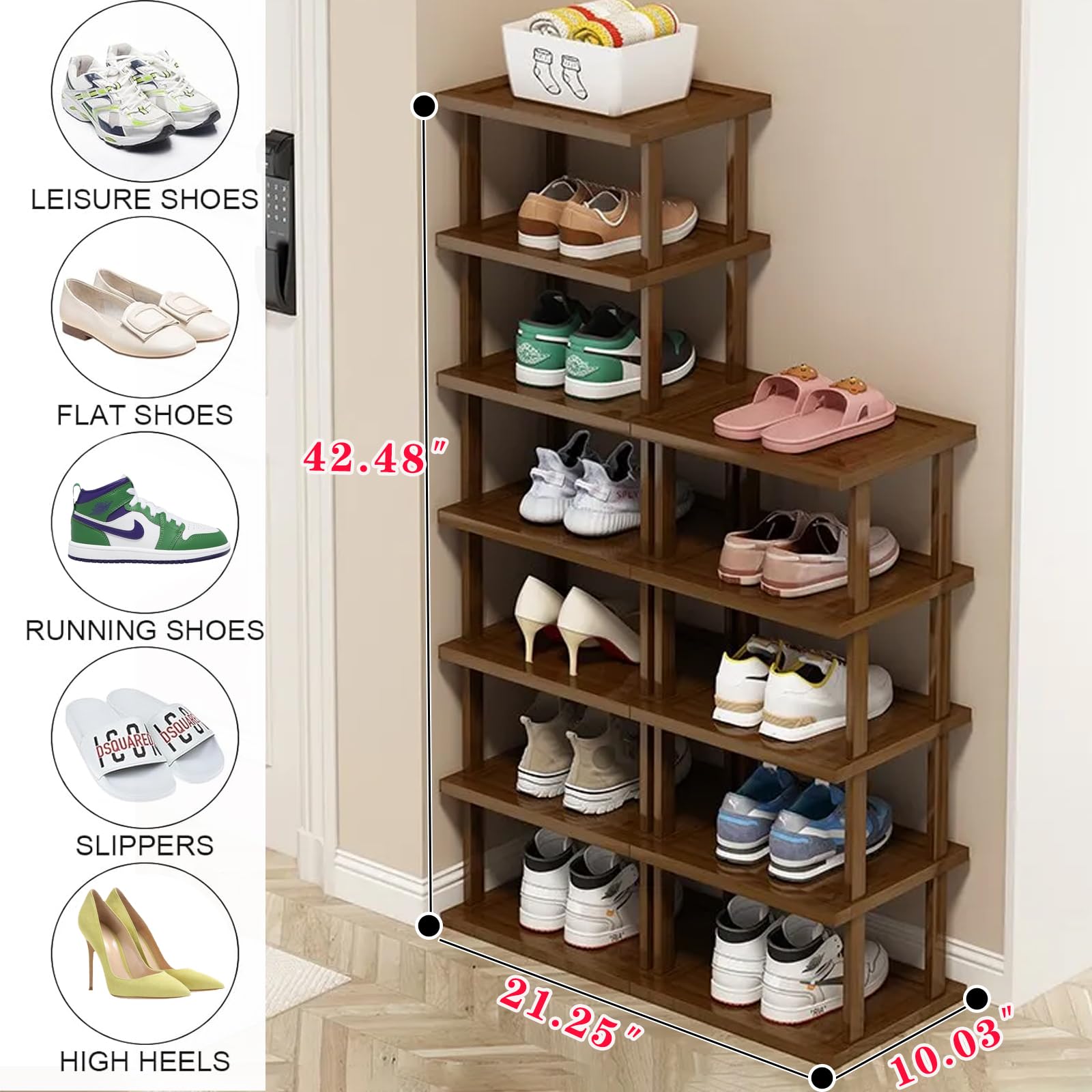 12-Tier Vertical Bamboo Shoe Rack Organizer - Space Saving Narrow Shoe Shelf for Entryway, Closet & Corner | Stackable DIY Shoe Storage for Small Spaces | Perfect for Apartments, Dorm Rooms & Tight Spaces