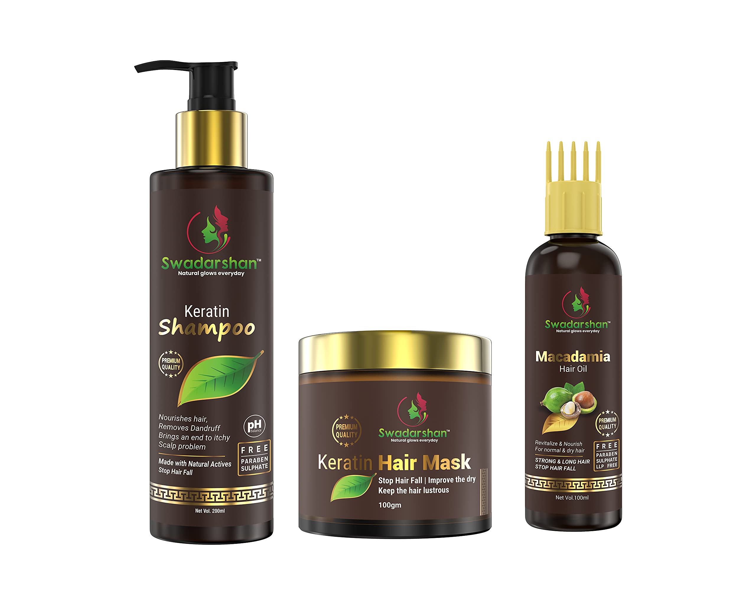 Swadarshan Keratin Hair Care Set - Shampoo, Conditioner & Hair Oil for Dry, Damaged Hair | Paraben & Sulfate Free, pH Balanced | Pack of 3 | Perfect for Daily Hair Repair & Nourishment