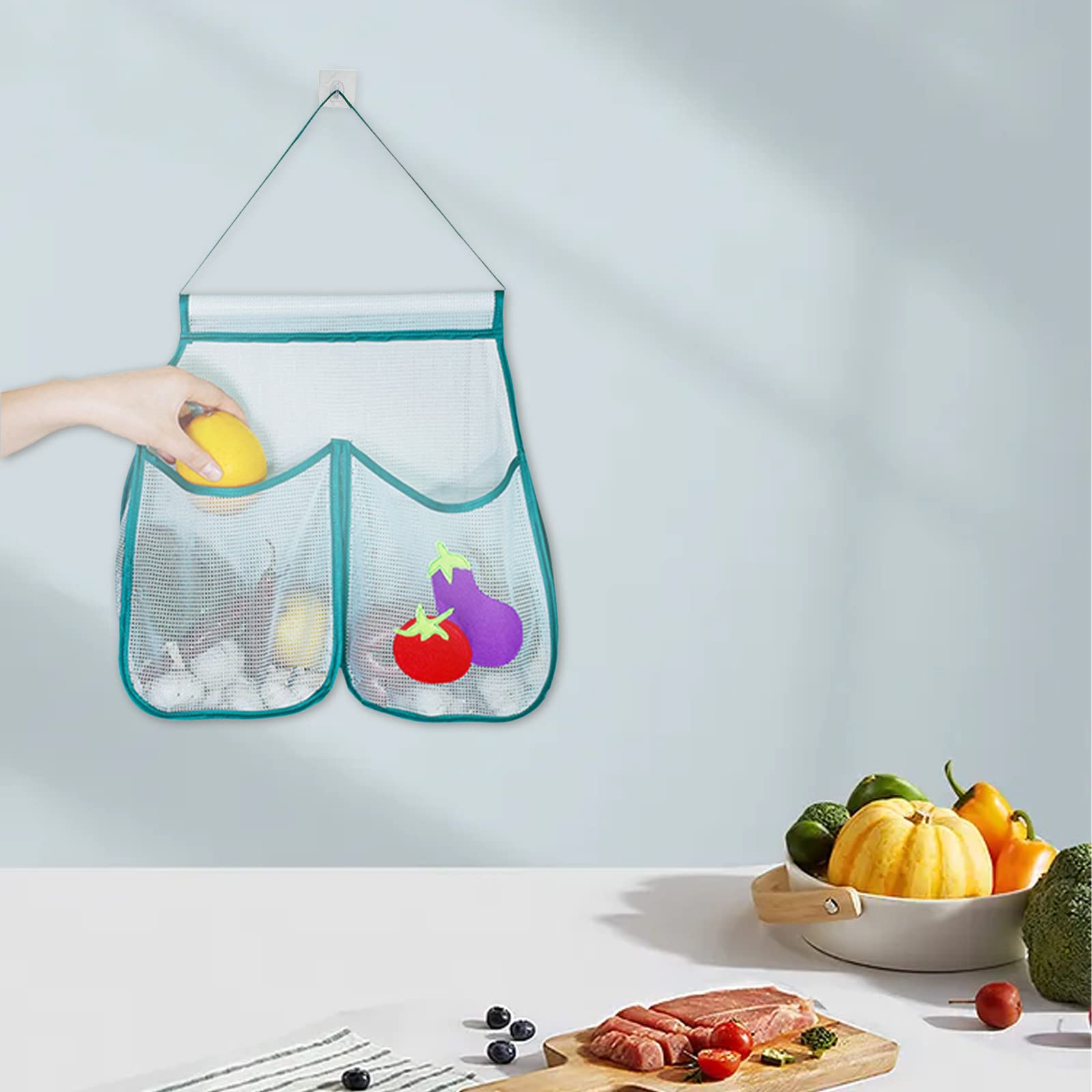 Reusable Mesh Hanging Storage Bag for Fruits, Vegetables, Potatoes & Onions - Washable Cotton Kitchen Organizer for Groceries, Perfect for Pantry, Refrigerator & Farmers Market Shopping