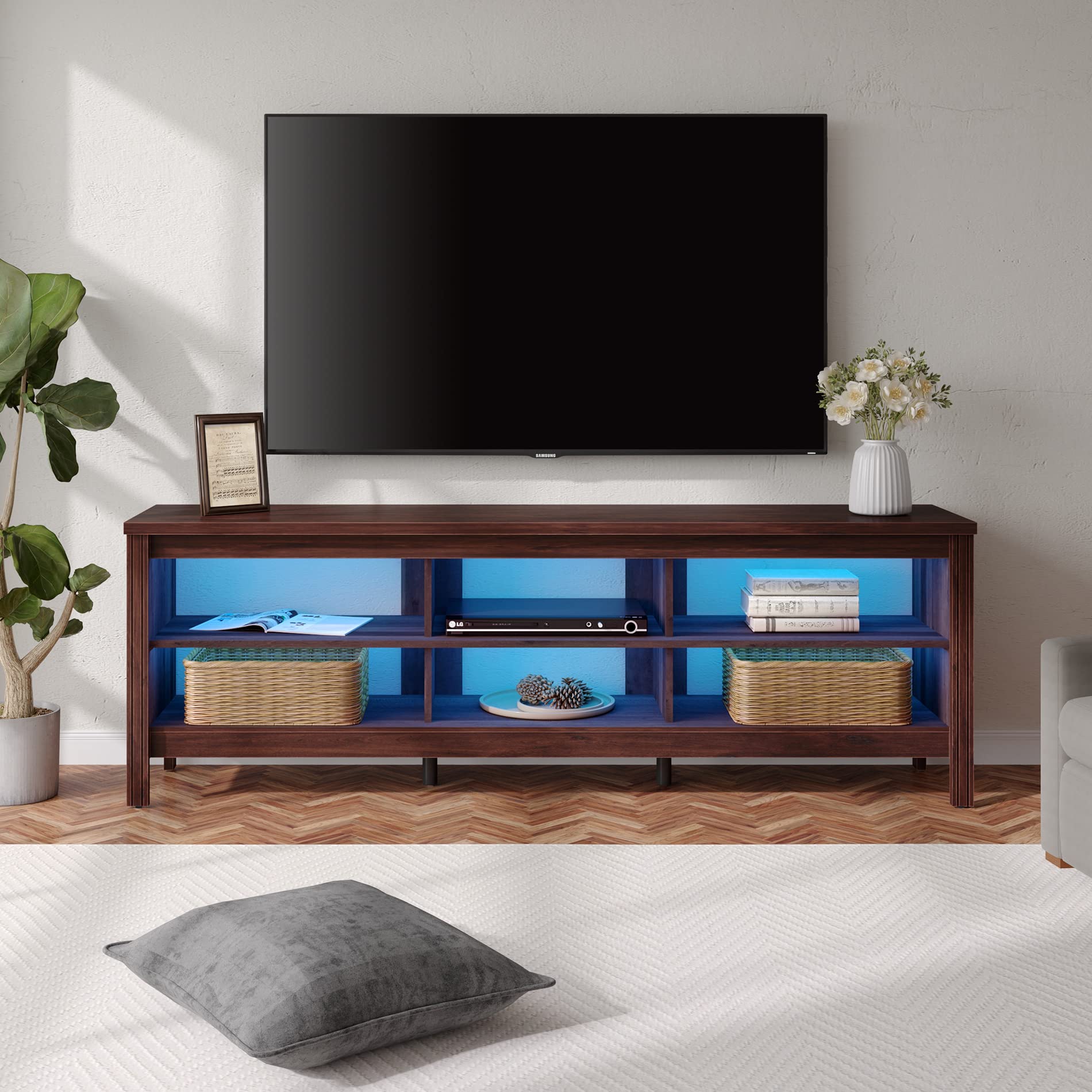 WAMPAT 75 Inch Gaming TV Stand with LED Lights - Rustic Brown Entertainment Center with 6 Storage Cubby & Blue LED Lighting - Perfect for Living Room, Bedroom & Office - Ideal for Gaming Setups & Home Theater Systems
