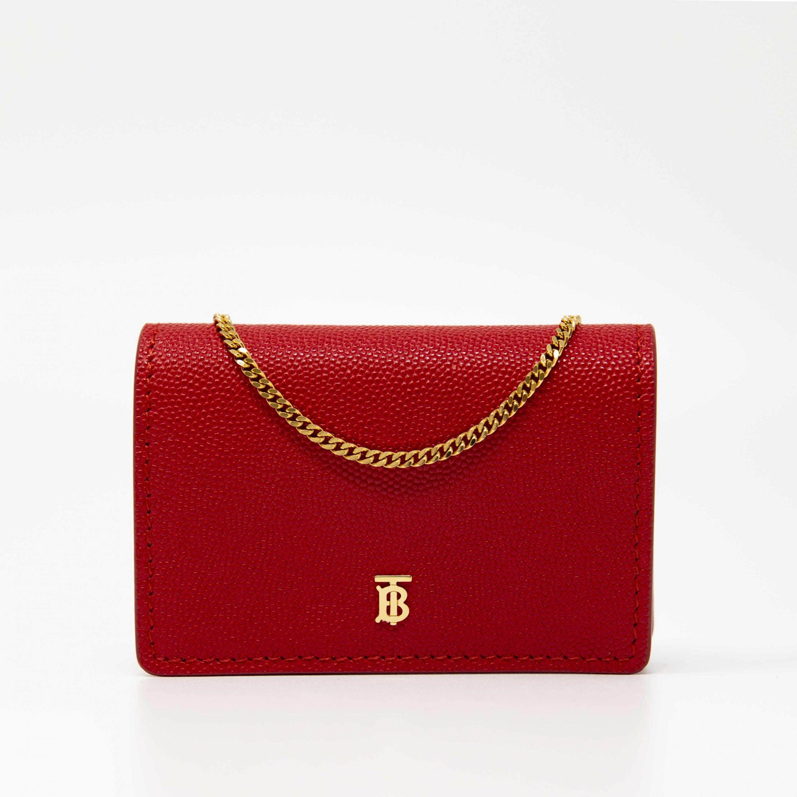 Burberry Red Leather Card Holder with Chain - Stylish & Compact Wallet for Women - Perfect for Parties, Travel & Everyday Use