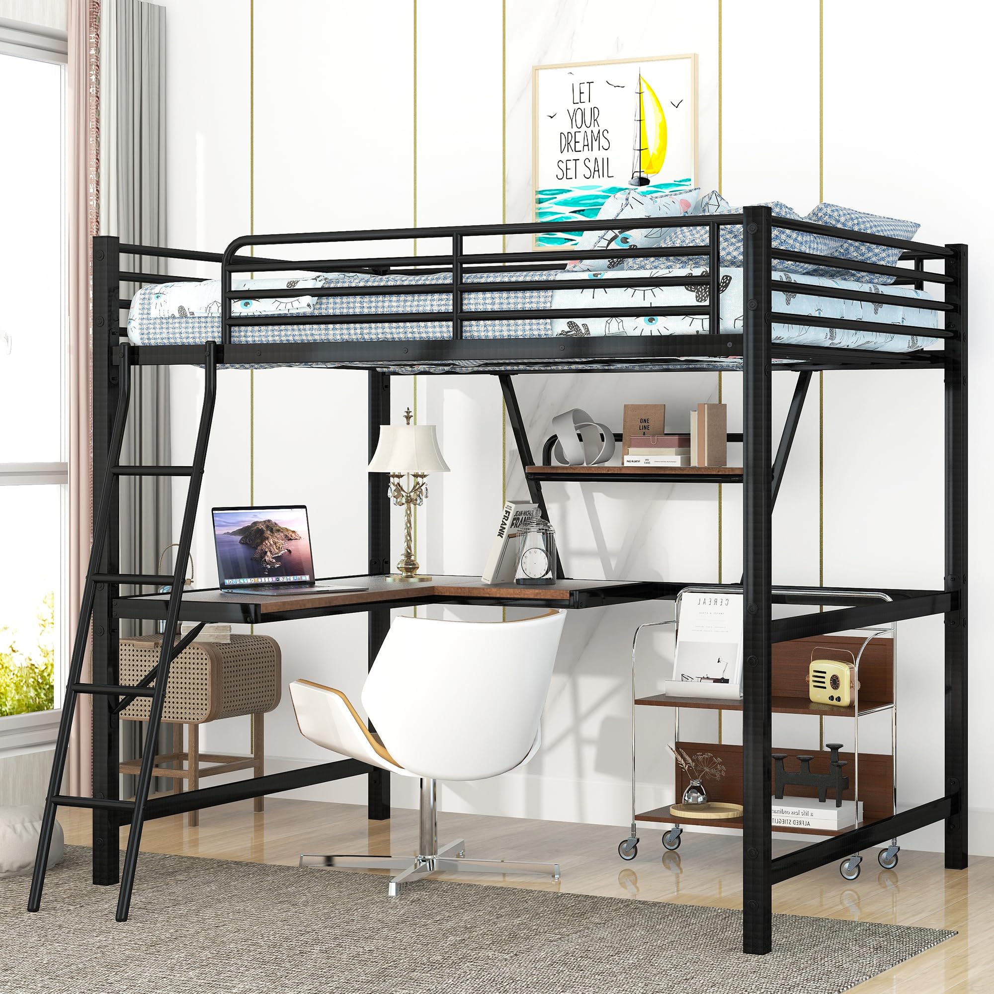 Full Size Loft Bed with L-Shaped Desk, Storage Shelf & Guardrail - Heavy Duty Metal Frame for Kids, Teens & Adults - Space Saving Black Loft Bed for Small Rooms, Dorms & Apartments