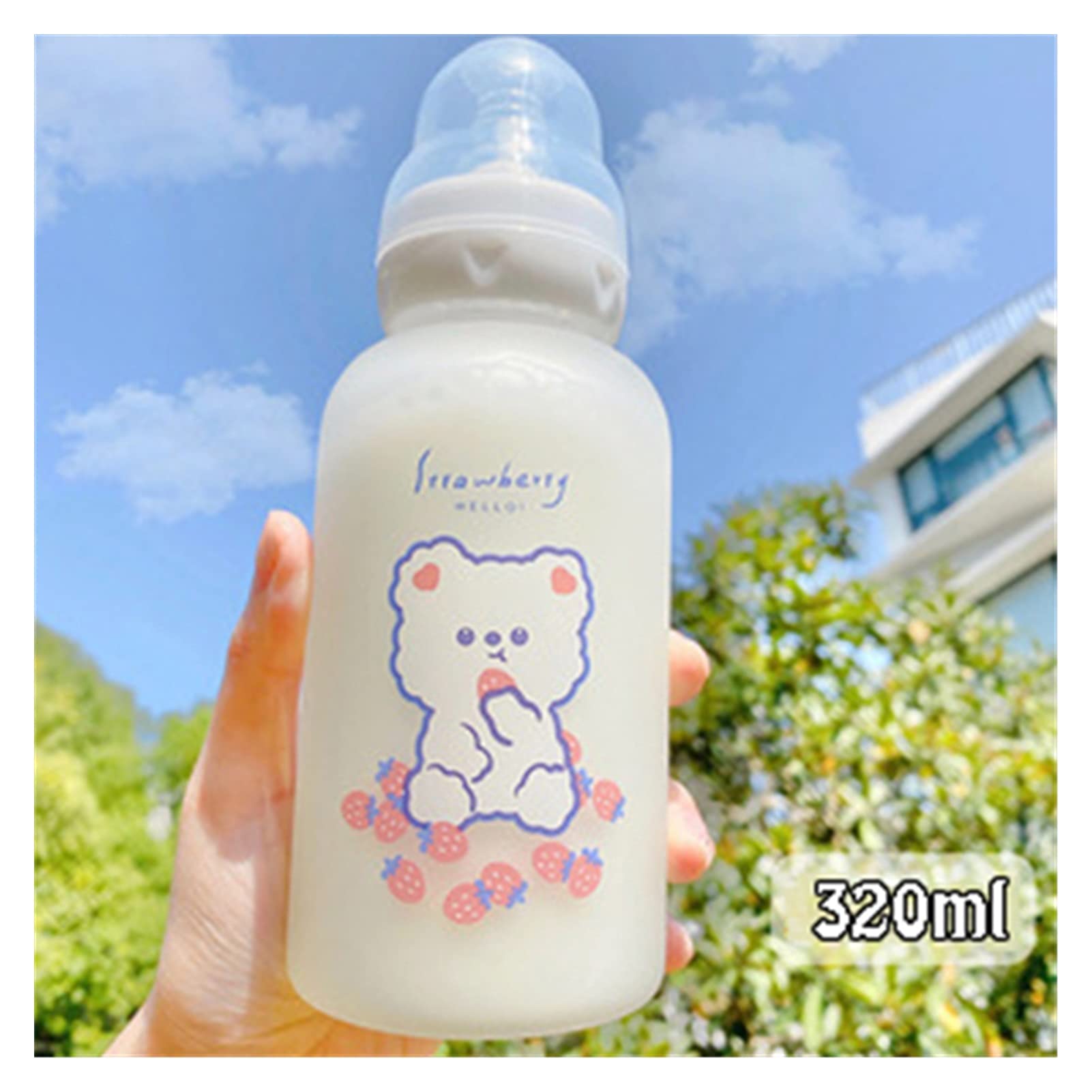 Strawberry Bear Design Glass Straw Cup with Pacifier - Cute Frosted Milk Bottle for Adults & Kids - Perfect for Baby Feeding, Travel, and Daily Hydration (Color: D)