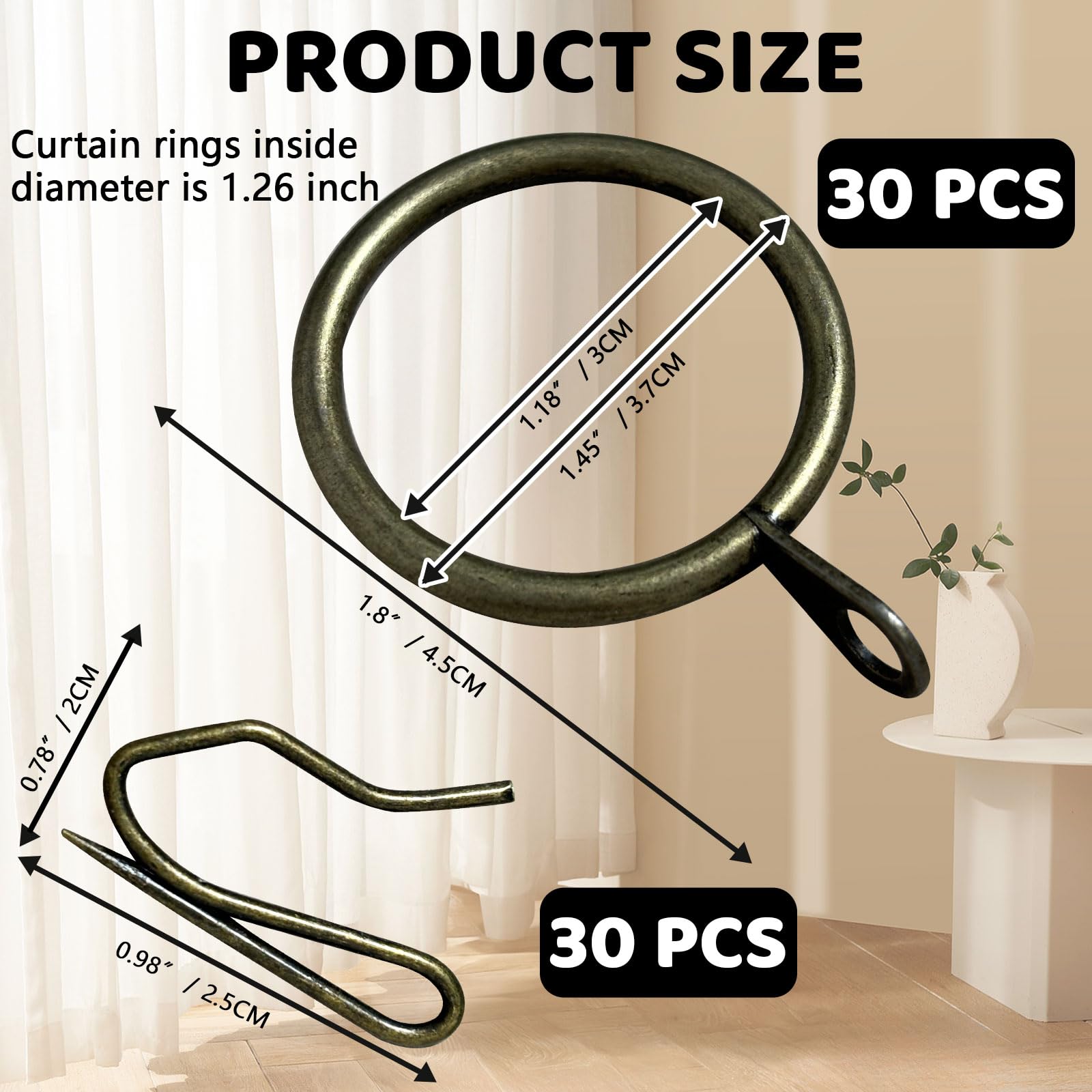 30-Pack Metal Pinch Pleat Curtain Hooks & Rings Set - Heavy Duty Drape Hooks for Pleated Curtains - Perfect for Living Room, Bedroom, and Window Decor