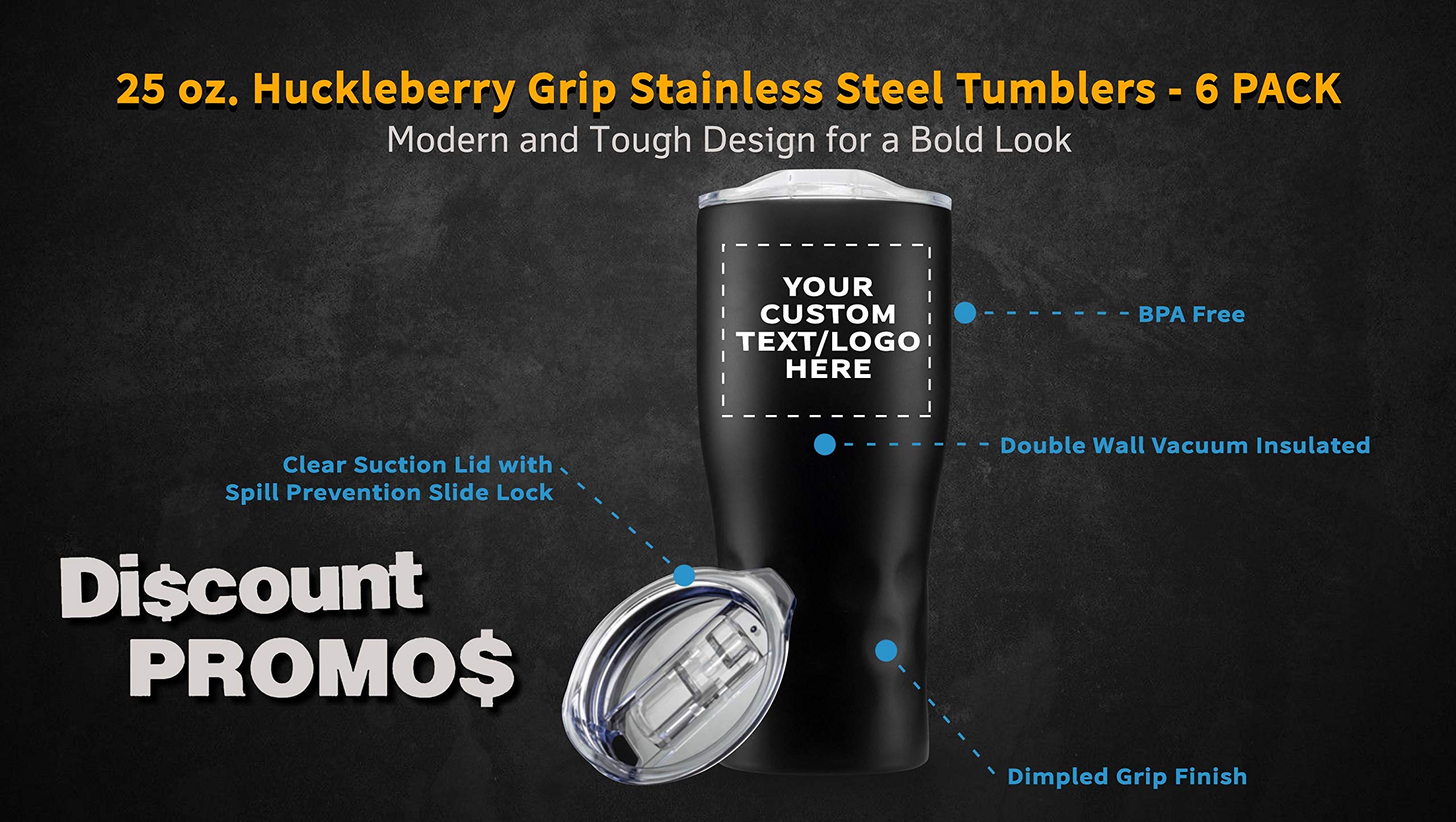 Personalized 25 oz Stainless Steel Tumblers with Huckleberry Grip - 6 Pack Custom Engraved Cups for Name, Logo - Black Insulated Travel Mug for Coffee, Tea, Camping & Office Use