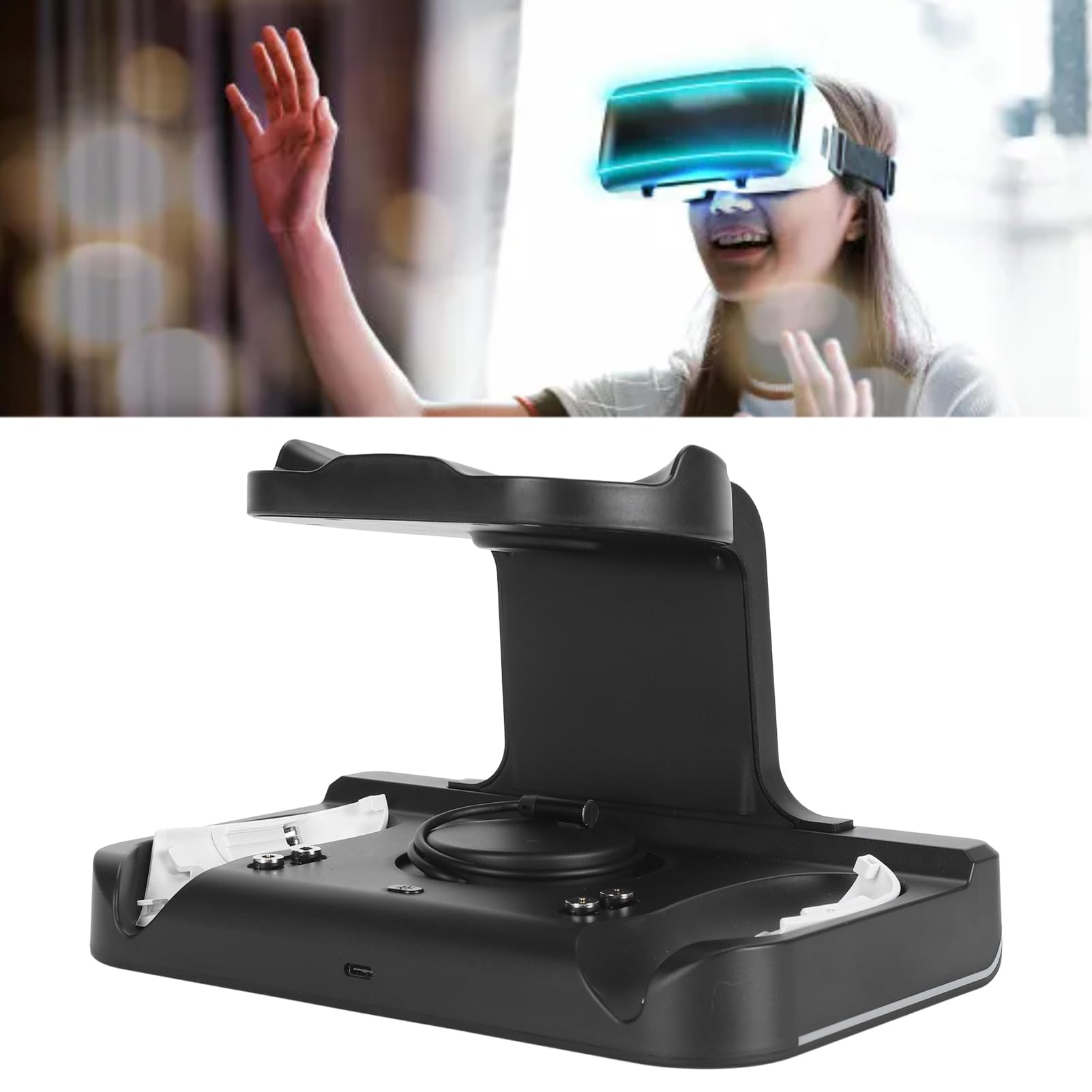 VR Headset Controller Charging Station with RGB Light, Wall Mount VR Stand for Oculus Quest 2/Rift S, 2x1800mAh Battery Display - Perfect for Gaming Room & VR Accessories Organization (Black)