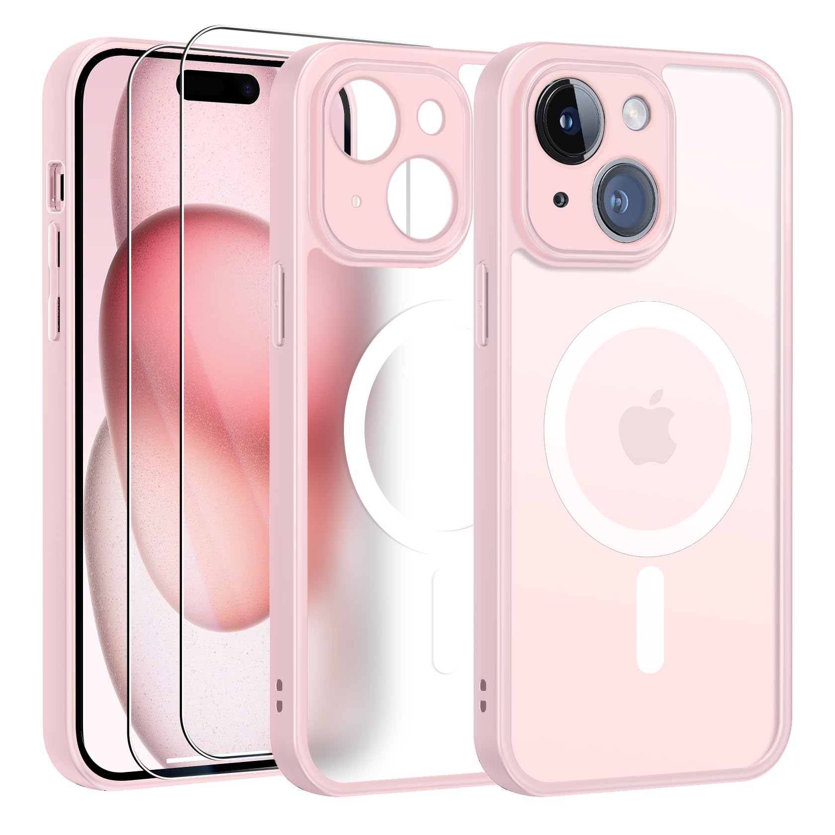 Magnetic Case for iPhone 15 with 2 Tempered Glass Screen Protectors | Magsafe Compatible | Full Lens Protection | Slim Matte Translucent Shockproof Cover - Rose | Perfect for Everyday Use, Travel & Wireless Charging