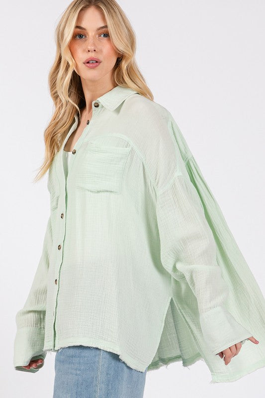 Stylish Boho Button Down Shirt with Frayed Hem & Side Slits | Perfect for Beach Vacations, Music Festivals & Summer Outfits