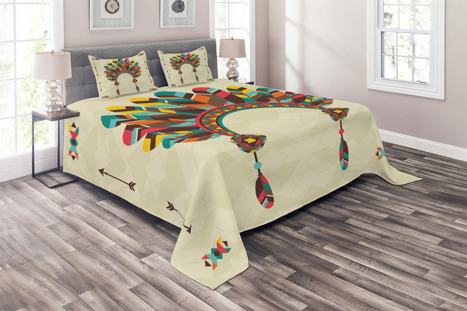 Ambesonne Ethnic Coverlet Set - King Size 3 Piece Quilted Bedspread with 2 Pillow Shams, Colorful Feathers Arrows Geometric Design, Retro Bohemian Style Home Decor for Bedroom, Living Room & Guest Room