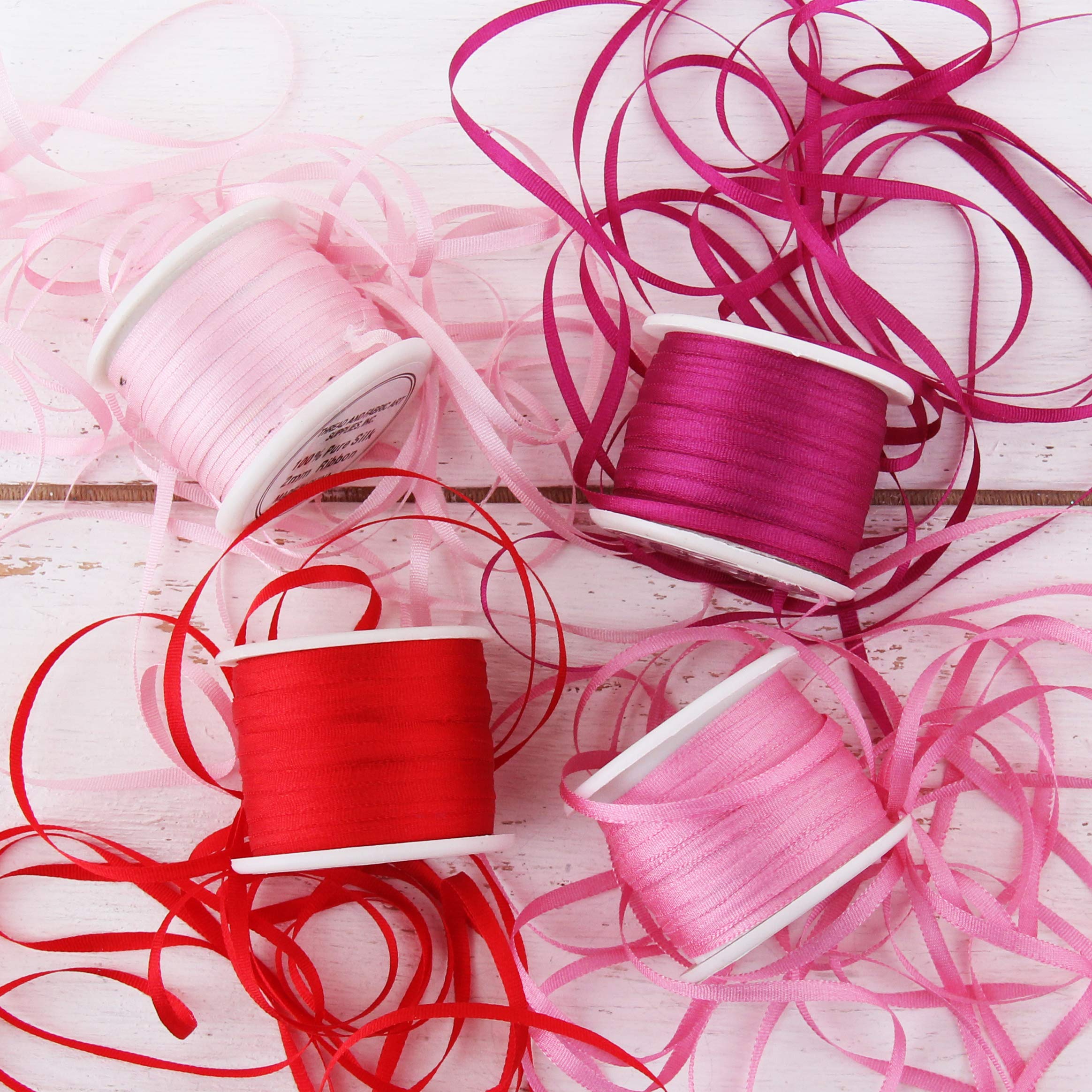 Threadart 2mm Silk Ribbon Set - 4 Spools (Red & Pink Shades) - 100% Pure Silk Ribbon - 10m (11yd) per Spool - Total 44 Yards - Perfect for Gift Wrapping, Scrapbooking & DIY Crafts