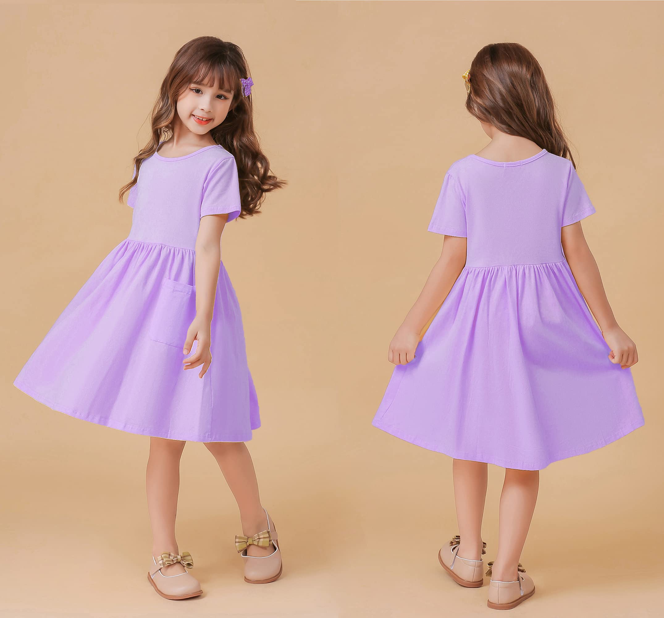 Girls Short Sleeve Solid Color A-Line Pleated Dress with Pockets - Casual Summer Dress for Kids, Playdates & Birthday Parties